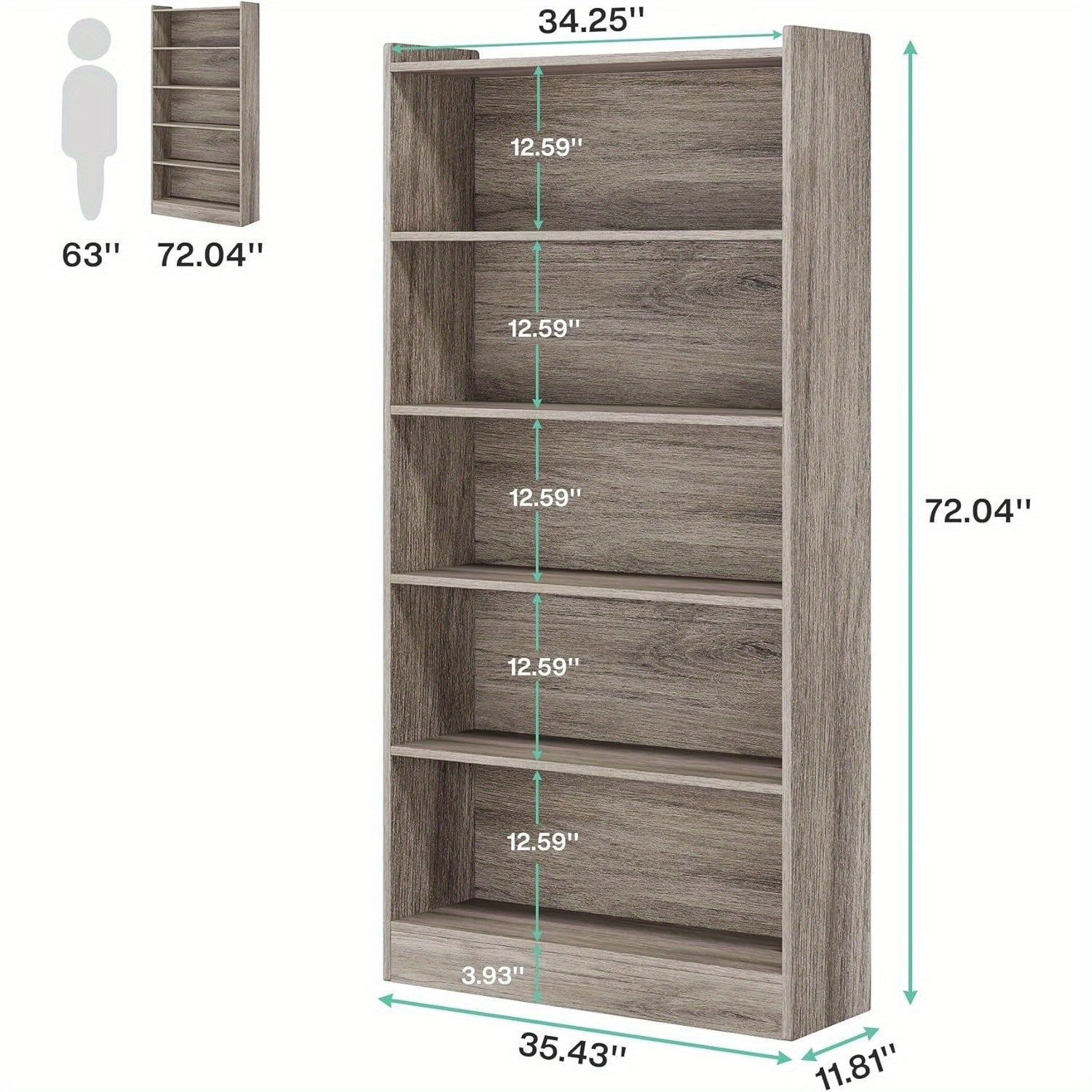 6-Tier Tall Bookcase, 180cm Bookshelves and Bookcases, Floor Standing 5 Shelf Library Bookcase for Home Office, Living Room, Bedroom