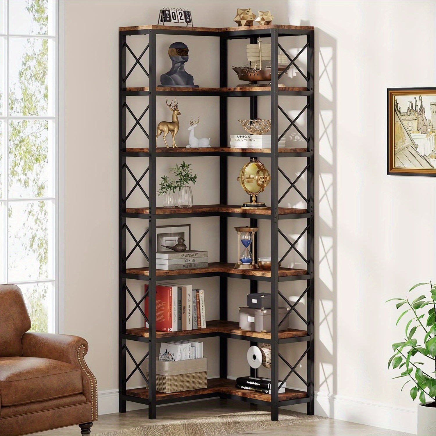 7 Shelf Corner Bookcase, Industrial Large Corner Bookshelf, 7-Tier Tall Corner Shelf Storage Display Rack with Metal Frame for Living Room Home Office, Rustic Brown