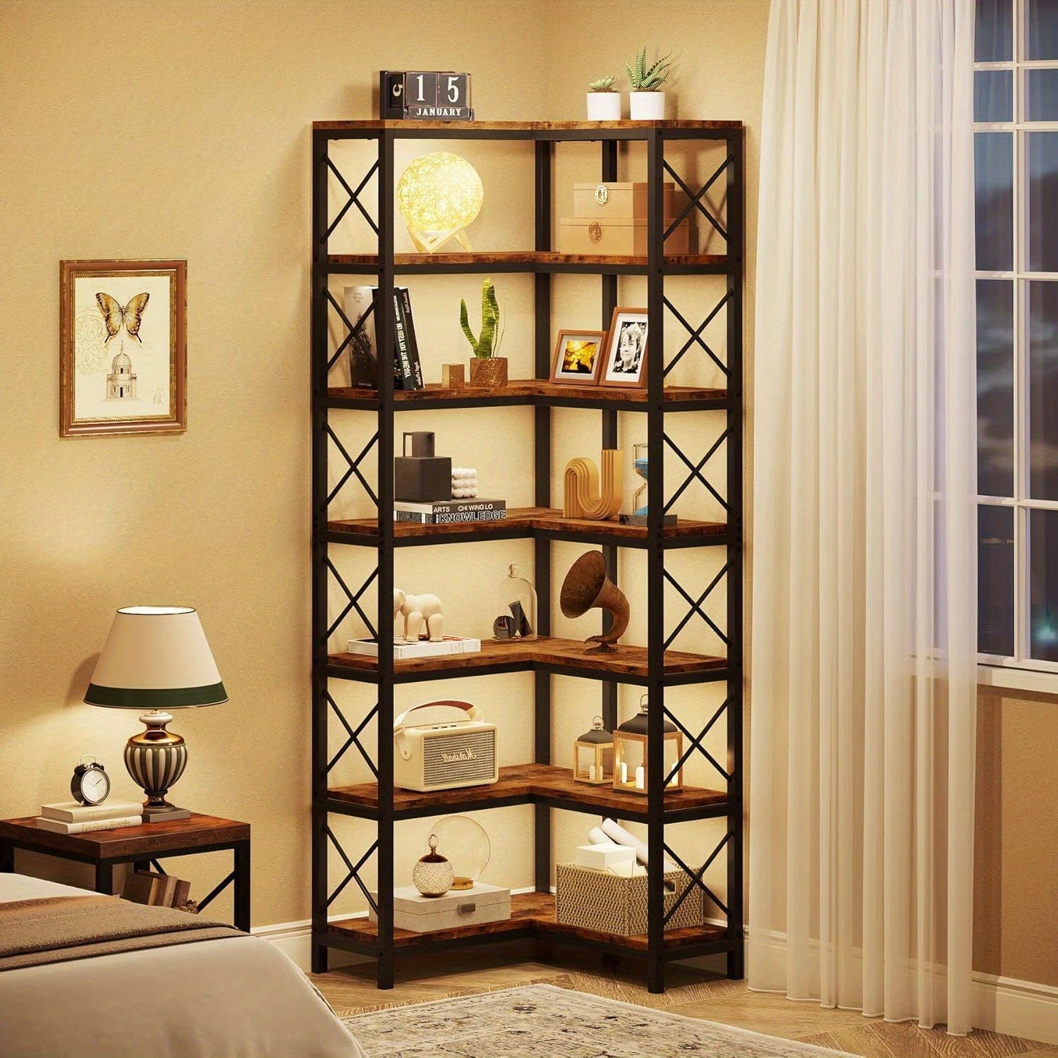 7 Shelf Corner Bookcase, Industrial Large Corner Bookshelf, 7-Tier Tall Corner Shelf Storage Display Rack with Metal Frame for Living Room Home Office, Rustic Brown