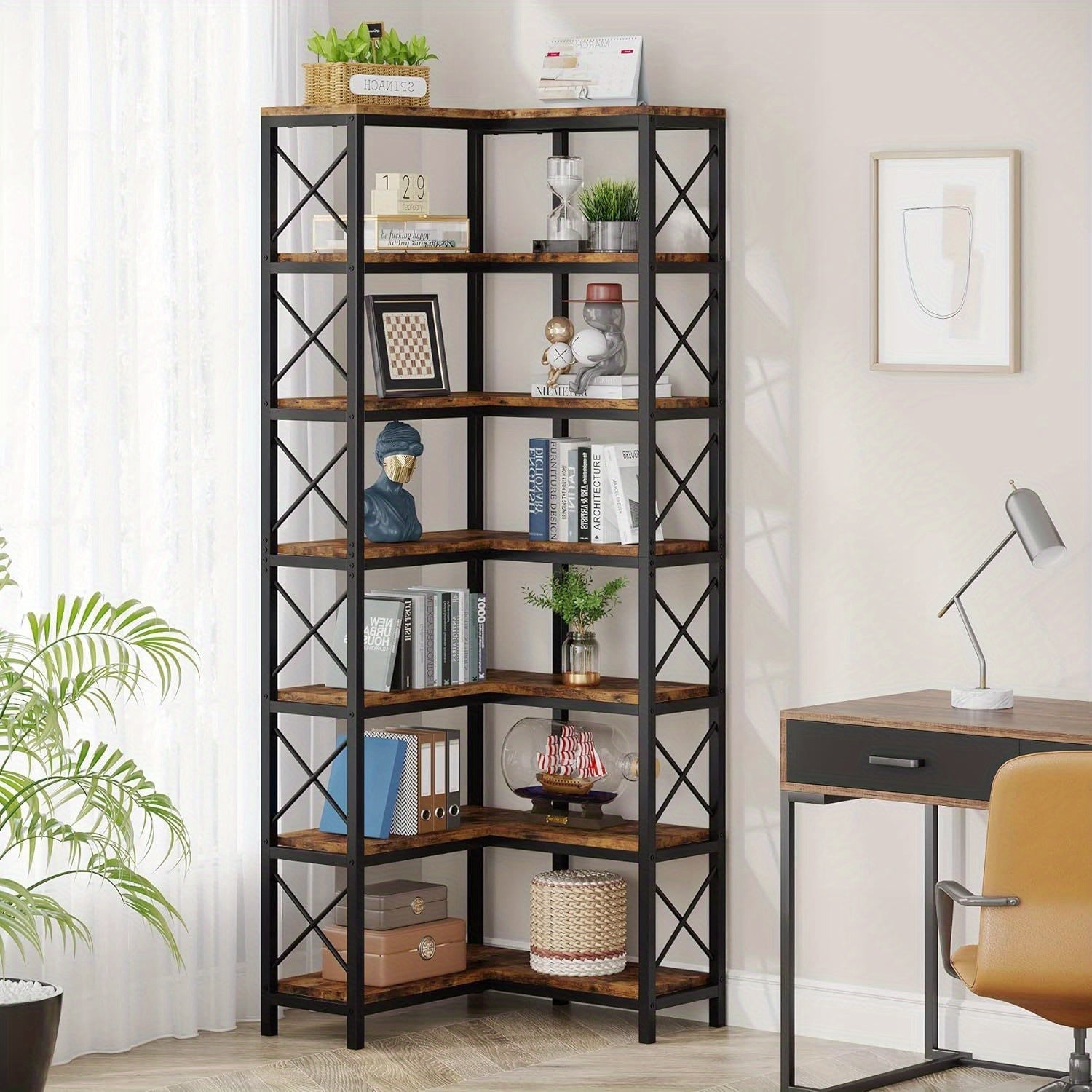 7 Shelf Corner Bookcase, Industrial Large Corner Bookshelf, 7-Tier Tall Corner Shelf Storage Display Rack with Metal Frame for Living Room Home Office, Rustic Brown