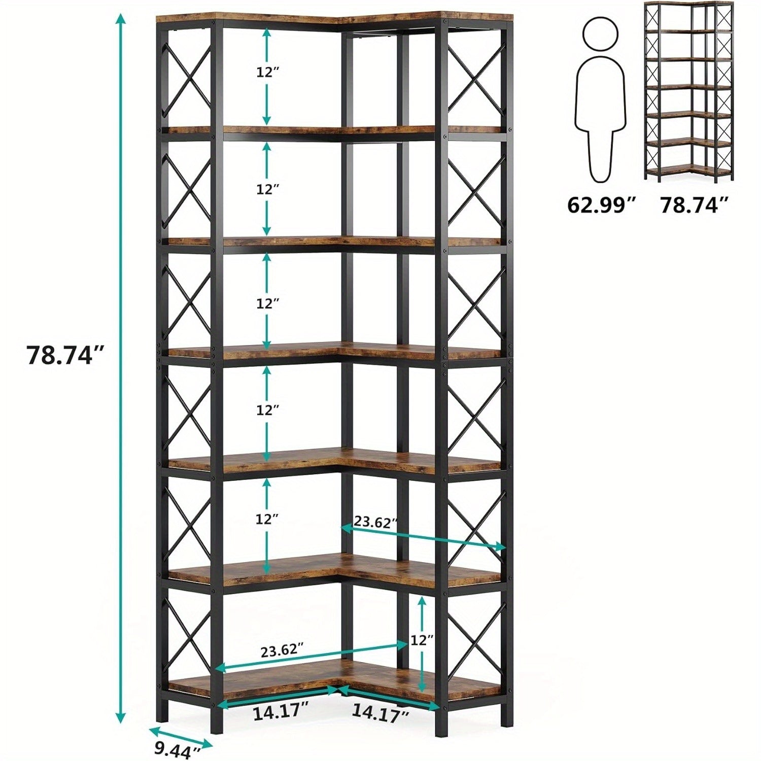 7 Shelf Corner Bookcase, Industrial Large Corner Bookshelf, 7-Tier Tall Corner Shelf Storage Display Rack with Metal Frame for Living Room Home Office, Rustic Brown