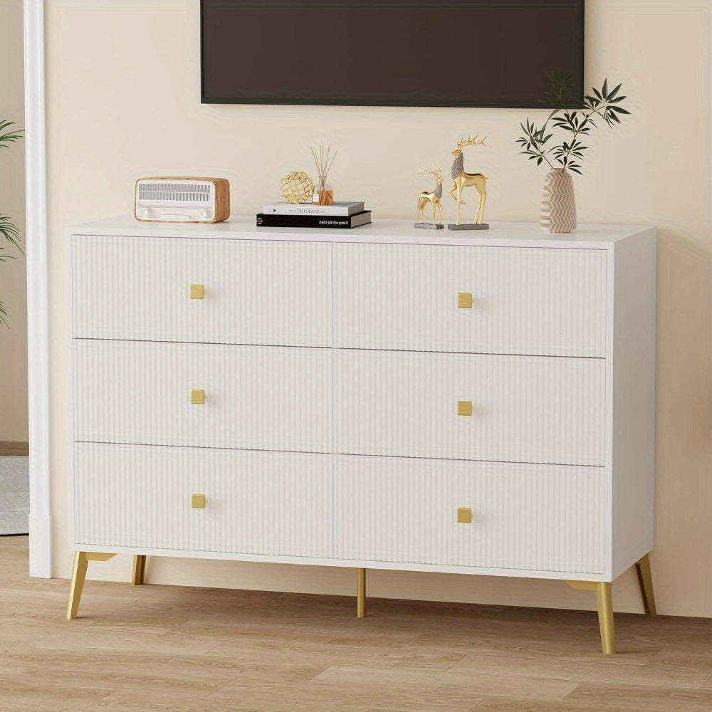 6 Drawer Dresser for Bedroom, Modern Bedroom Dresser, Fluted White and Gold Dresser with Curved Profile Design, Storage Dressers & Chests of Drawers for Living Room, Closet, Bedroom, Hallway, White