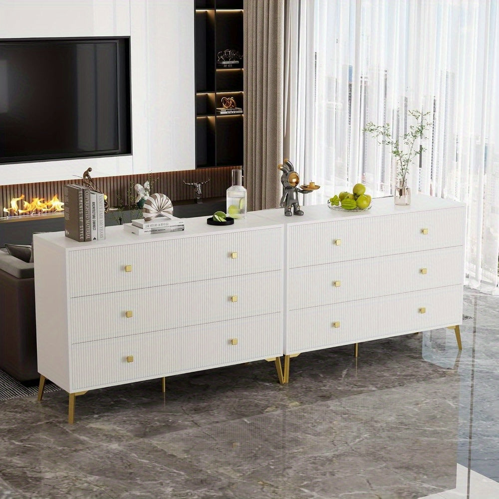 6 Drawer Dresser for Bedroom, Modern Bedroom Dresser, Fluted White and Gold Dresser with Curved Profile Design, Storage Dressers & Chests of Drawers for Living Room, Closet, Bedroom, Hallway, White