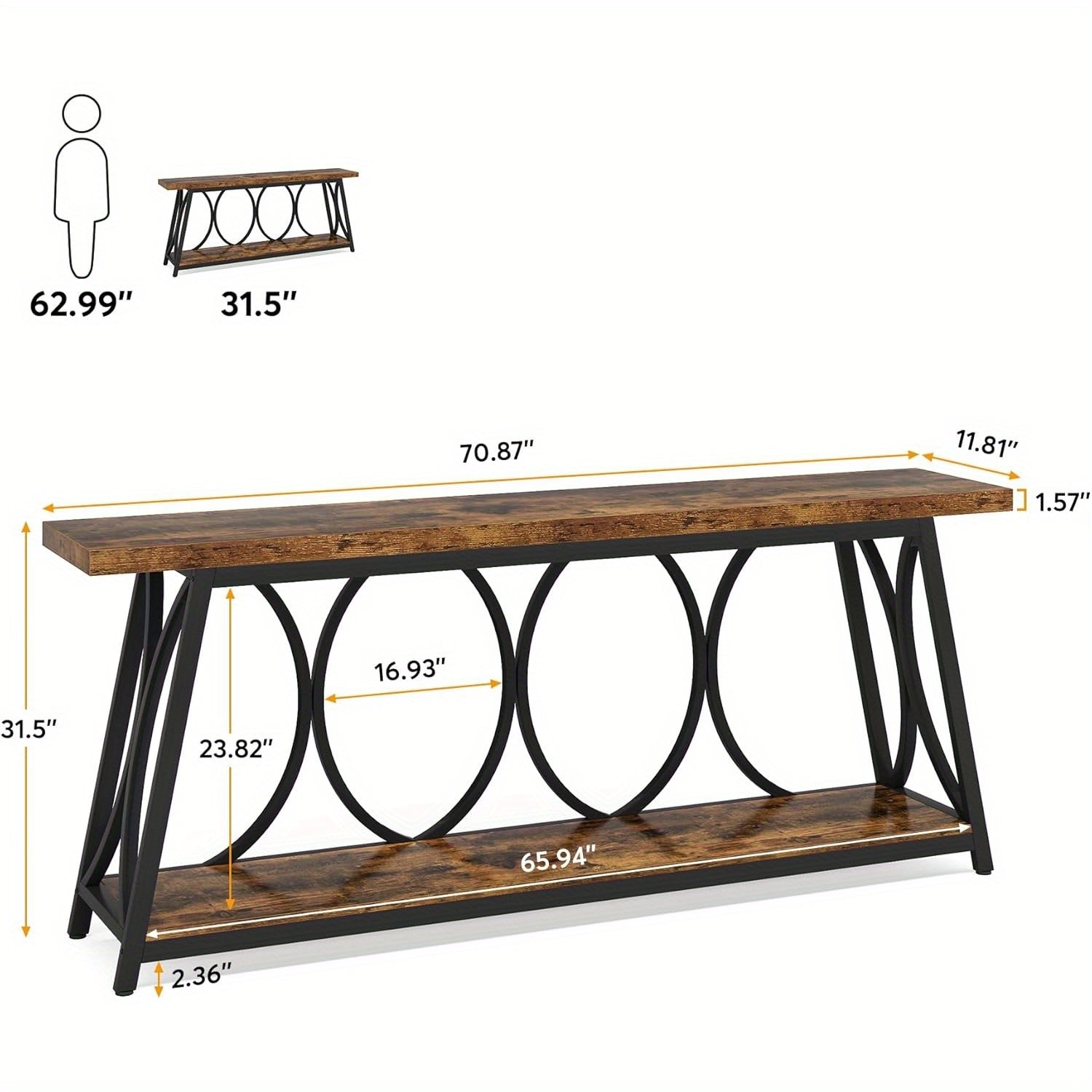 180 cm Extra Long Console Table, Industrial Sofa Table Behind Couch with 2 Tier Storage Shelf, Narrow Entryway Hallway Accent Table for Living Room