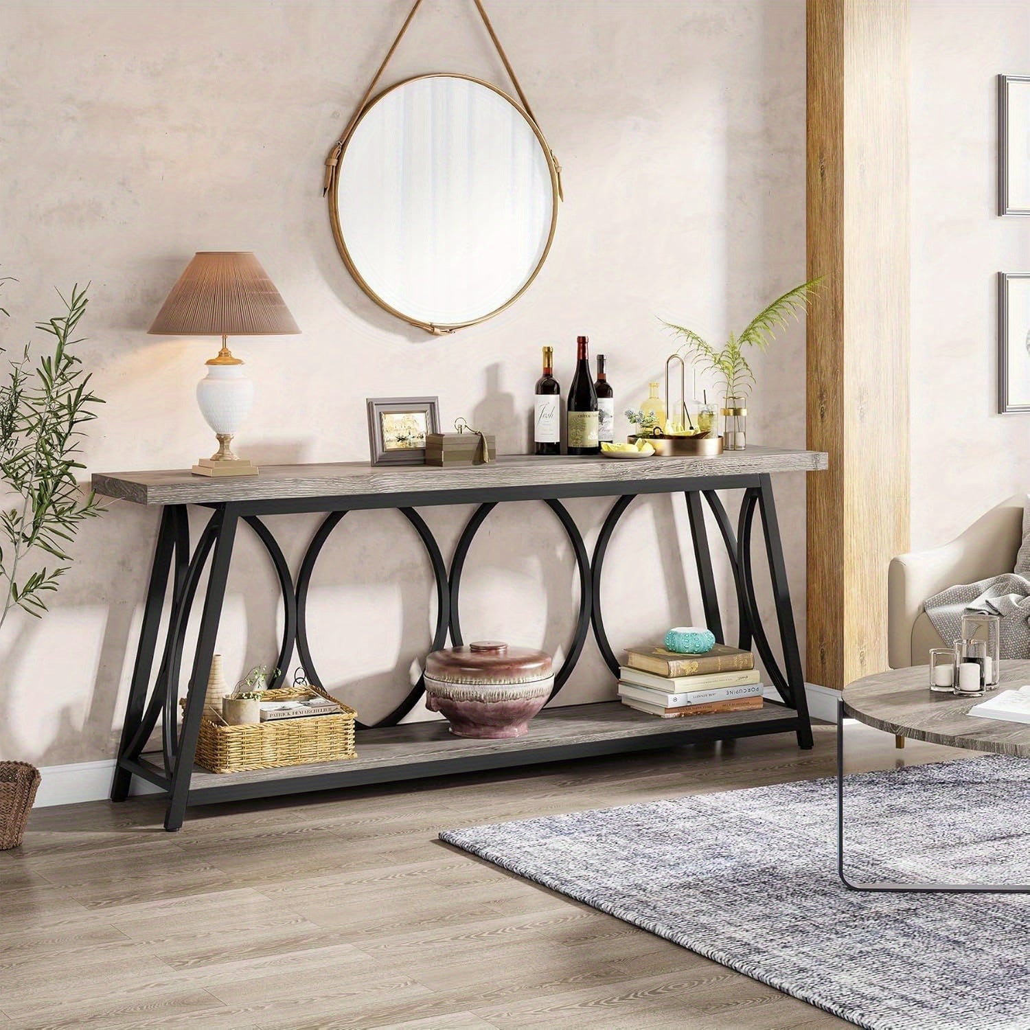 180 cm Extra Long Console Table, Industrial Sofa Table Behind Couch with 2 Tier Storage Shelf, Narrow Entryway Hallway Accent Table for Living Room