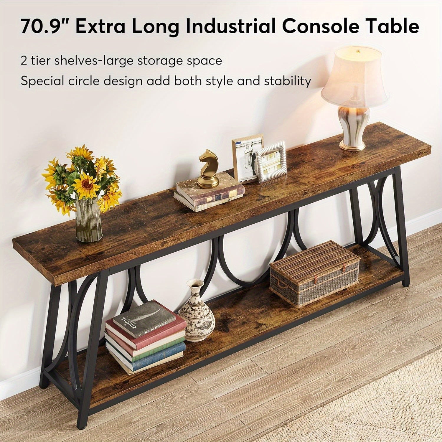 180 cm Extra Long Console Table, Industrial Sofa Table Behind Couch with 2 Tier Storage Shelf, Narrow Entryway Hallway Accent Table for Living Room