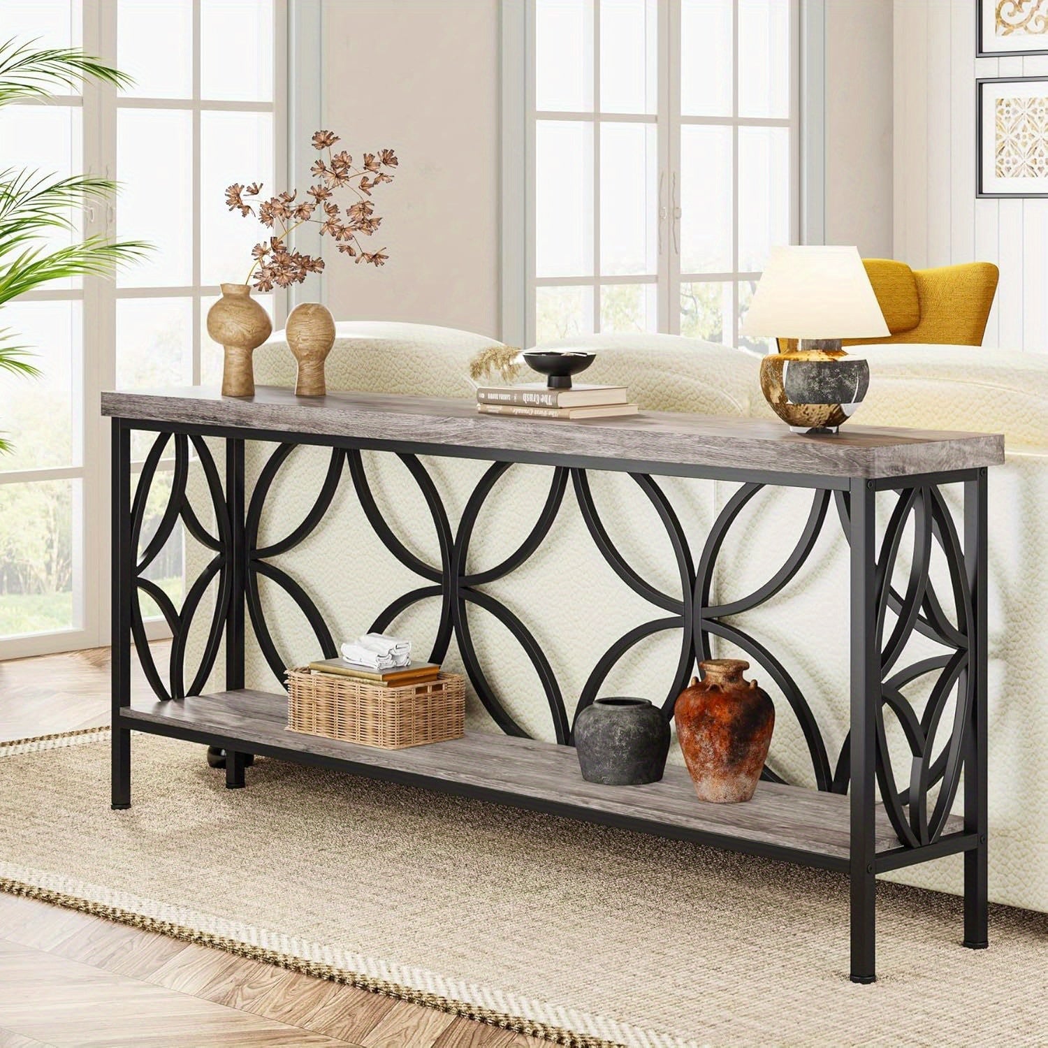 180 cm Narrow Sofa Table, Industrial Long Sofa Table Behind Couch, Entry Console Table with Storage for Entryway, Living Room, Foyer, Unique Design