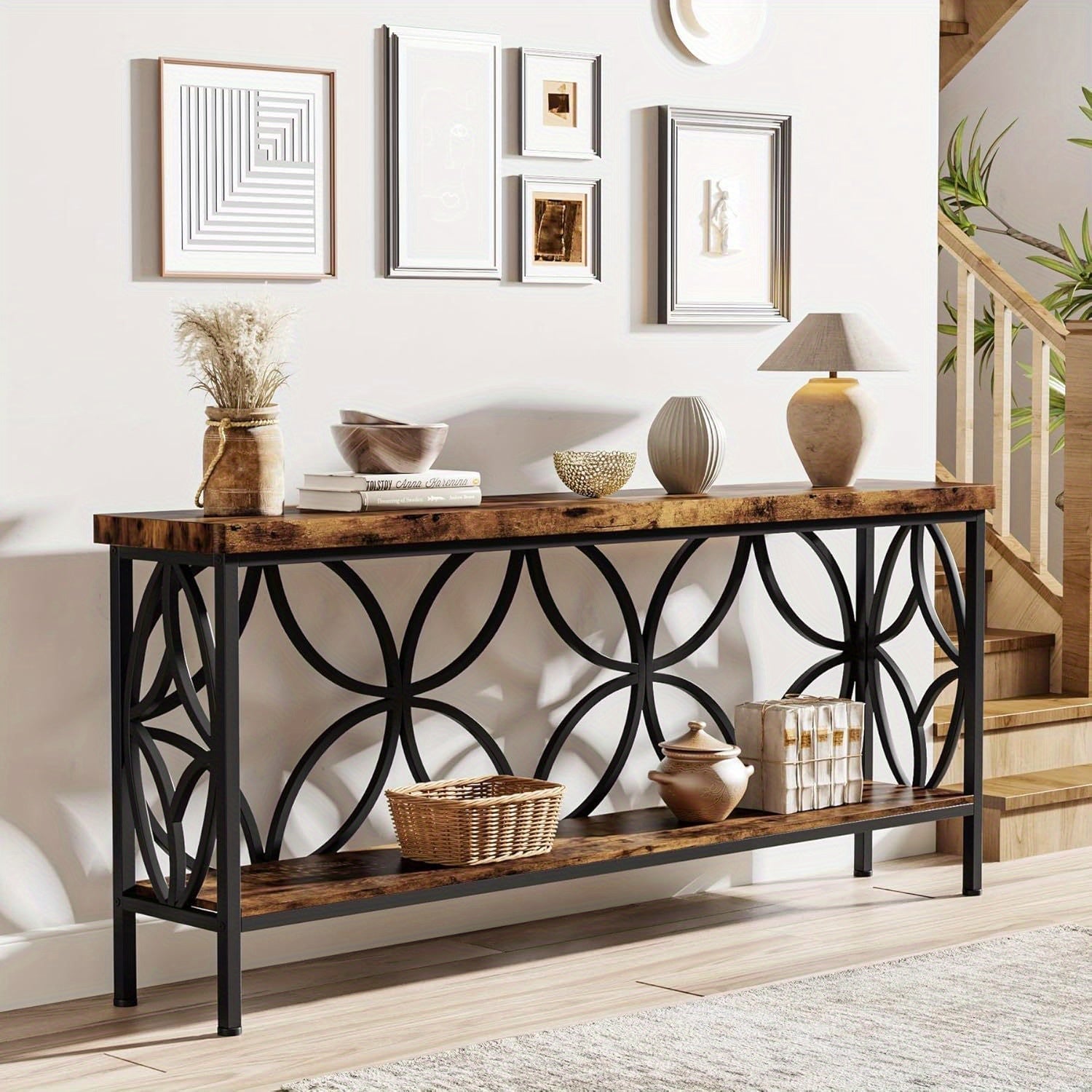 180 cm Narrow Sofa Table, Industrial Long Sofa Table Behind Couch, Entry Console Table with Storage for Entryway, Living Room, Foyer, Unique Design