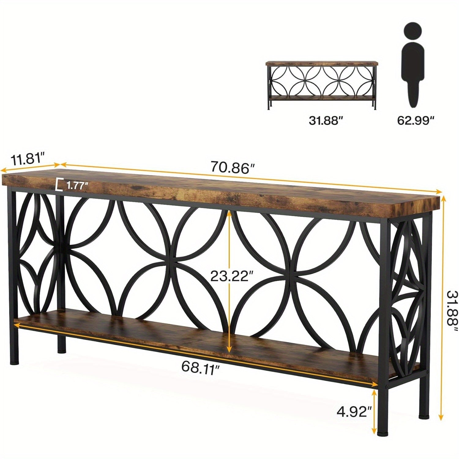 180 cm Narrow Sofa Table, Industrial Long Sofa Table Behind Couch, Entry Console Table with Storage for Entryway, Living Room, Foyer, Unique Design