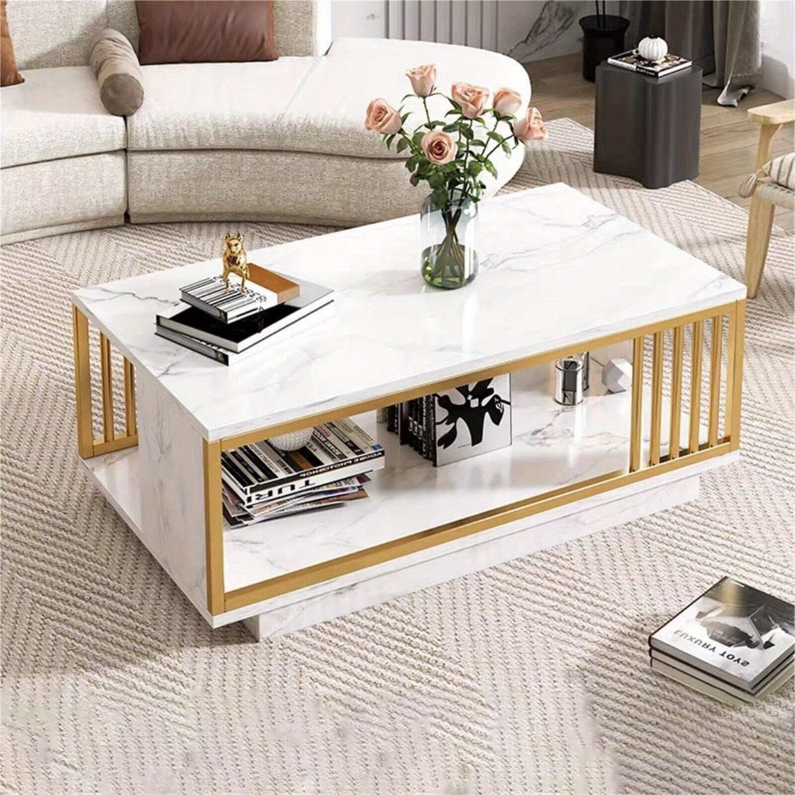 Modern White Gold Coffee Table for Living Room, 39.4" Rectangular High Gloss Marble Veneer Coffee Table Tea Table with Metal Frame