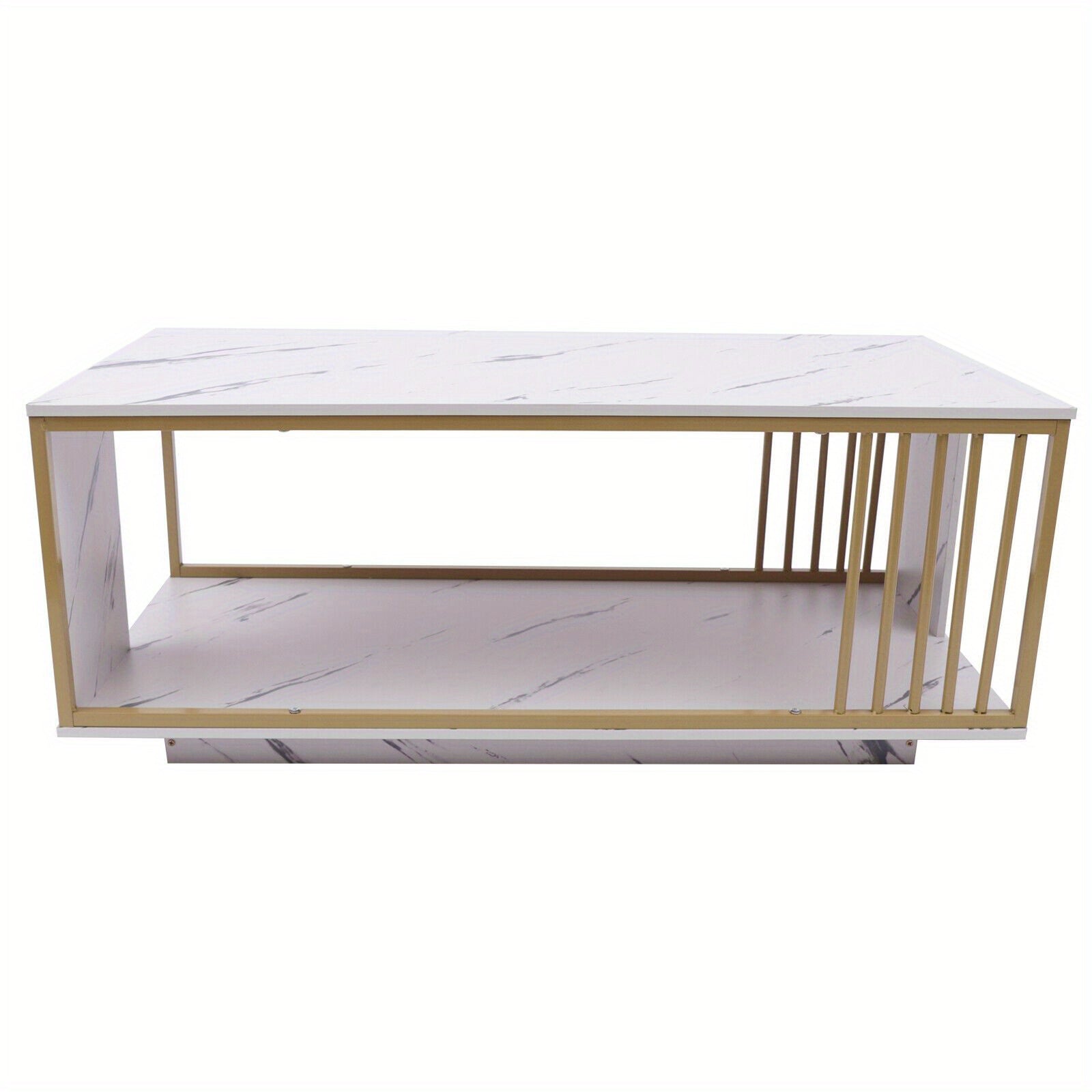 Modern White Gold Coffee Table for Living Room, 39.4" Rectangular High Gloss Marble Veneer Coffee Table Tea Table with Metal Frame