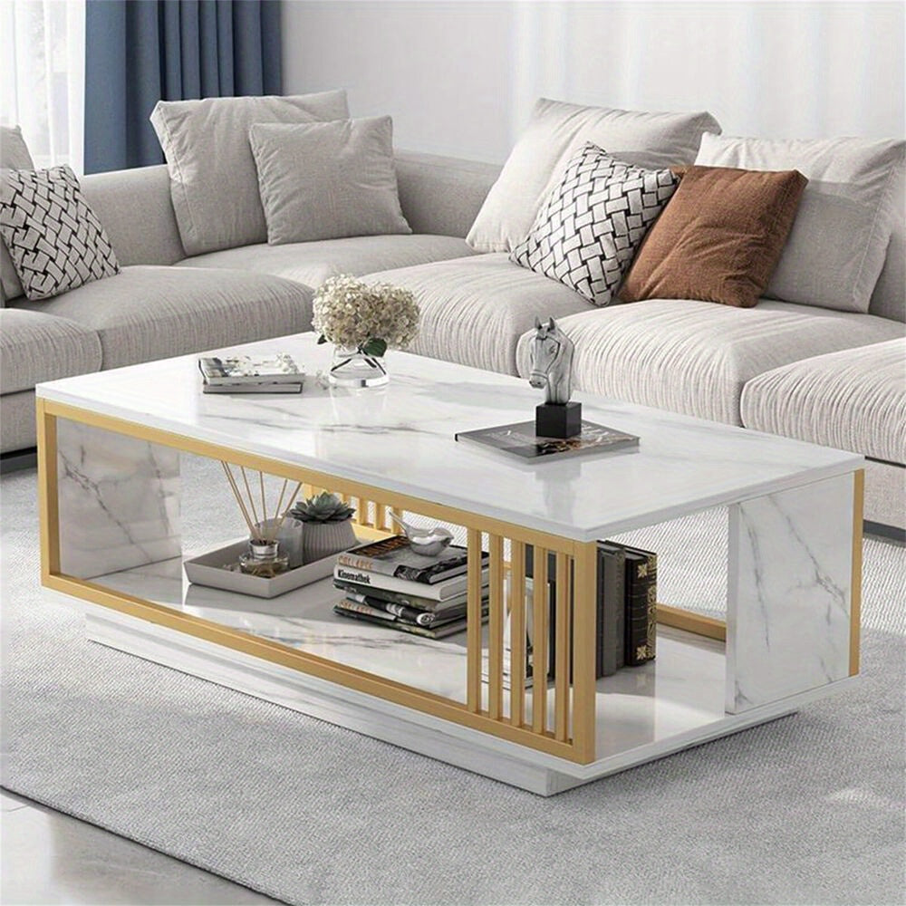 Modern White Gold Coffee Table for Living Room, 39.4" Rectangular High Gloss Marble Veneer Coffee Table Tea Table with Metal Frame