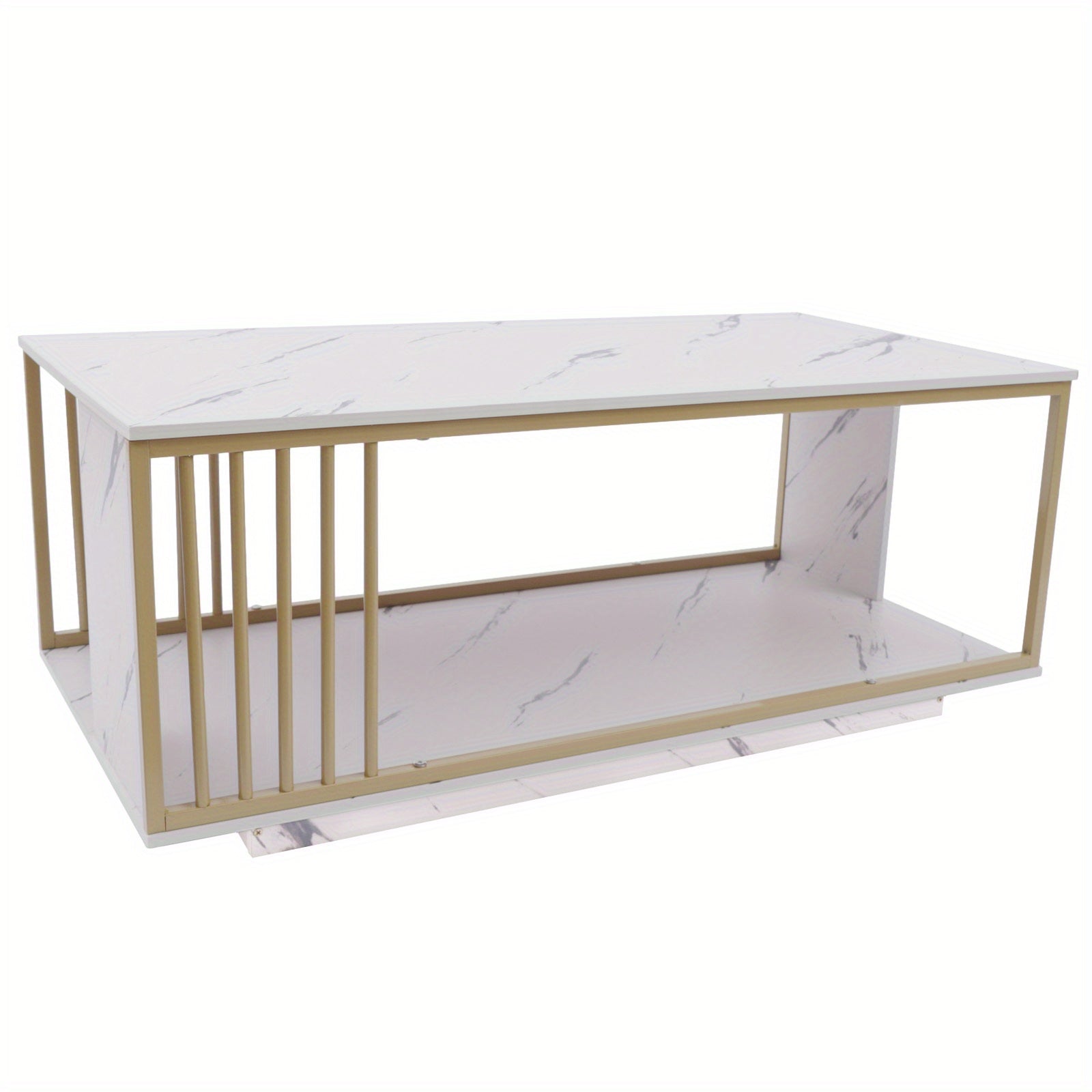 Modern White Gold Coffee Table for Living Room, 39.4" Rectangular High Gloss Marble Veneer Coffee Table Tea Table with Metal Frame