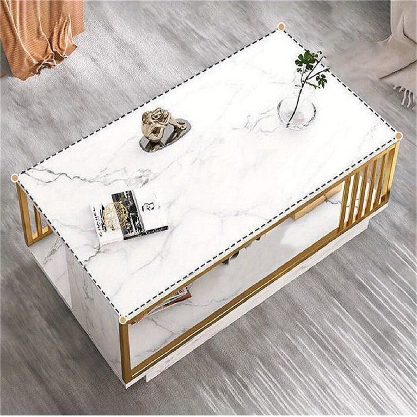 Modern White Gold Coffee Table for Living Room, 39.4" Rectangular High Gloss Marble Veneer Coffee Table Tea Table with Metal Frame