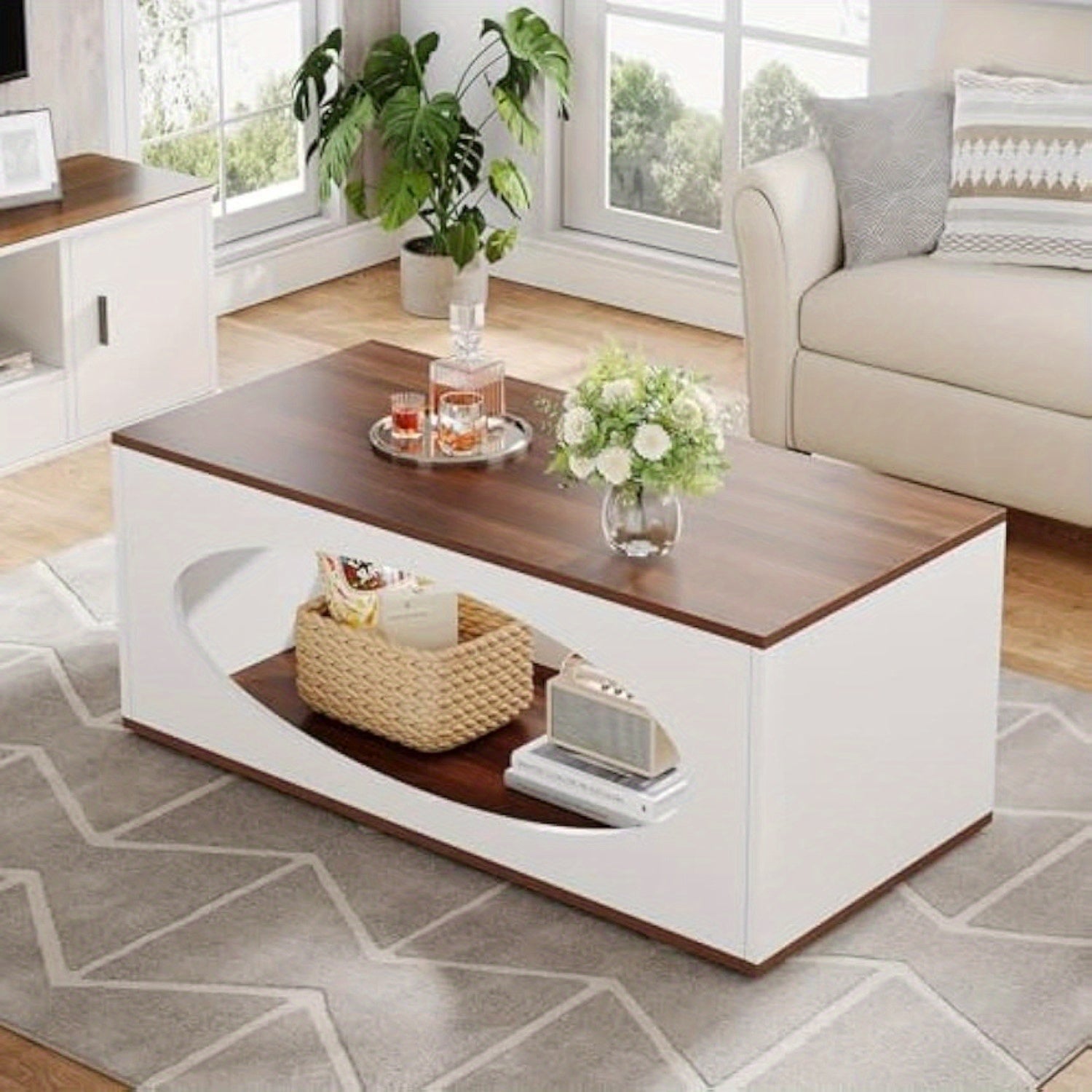 122cm Wooden Coffee Table with Storage, Farmhouse Rectangle Center Table for Living Room, Tea Table with Open Shelf