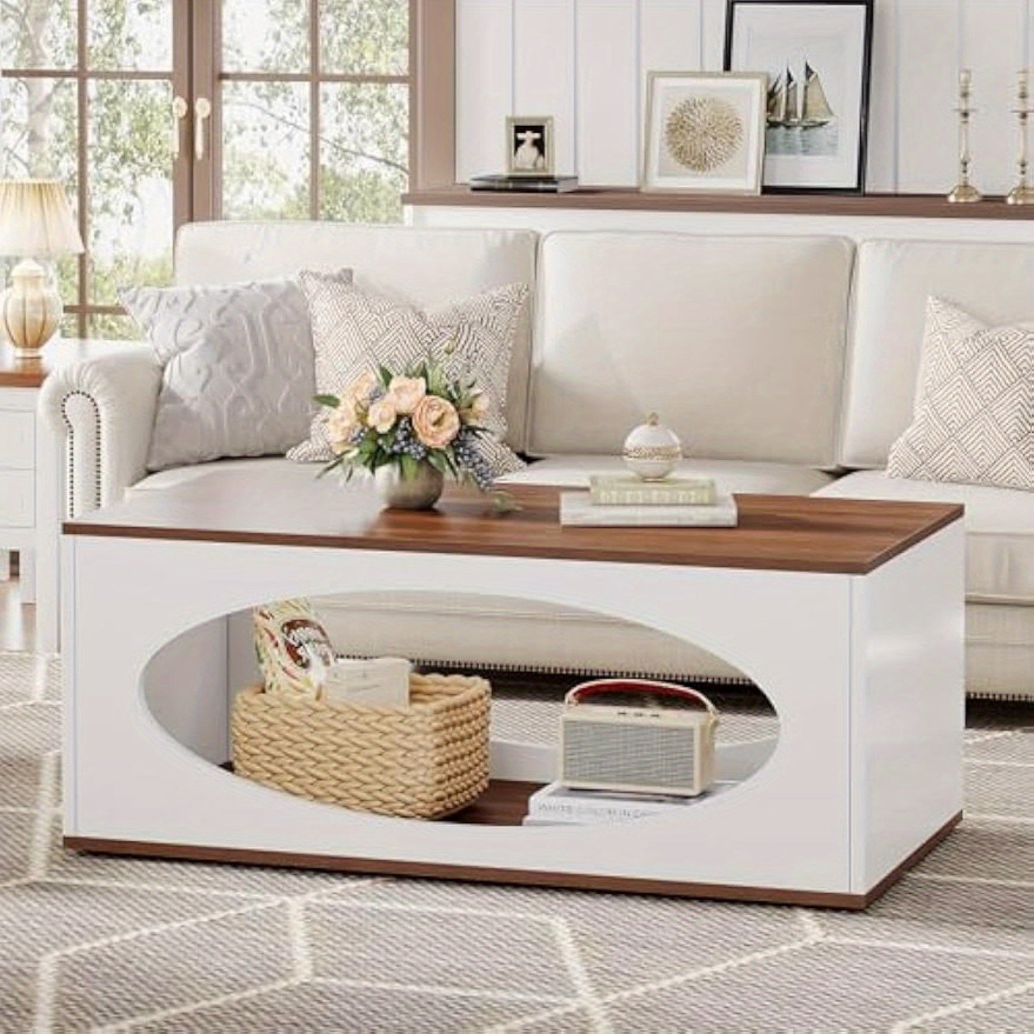 122cm Wooden Coffee Table with Storage, Farmhouse Rectangle Center Table for Living Room, Tea Table with Open Shelf