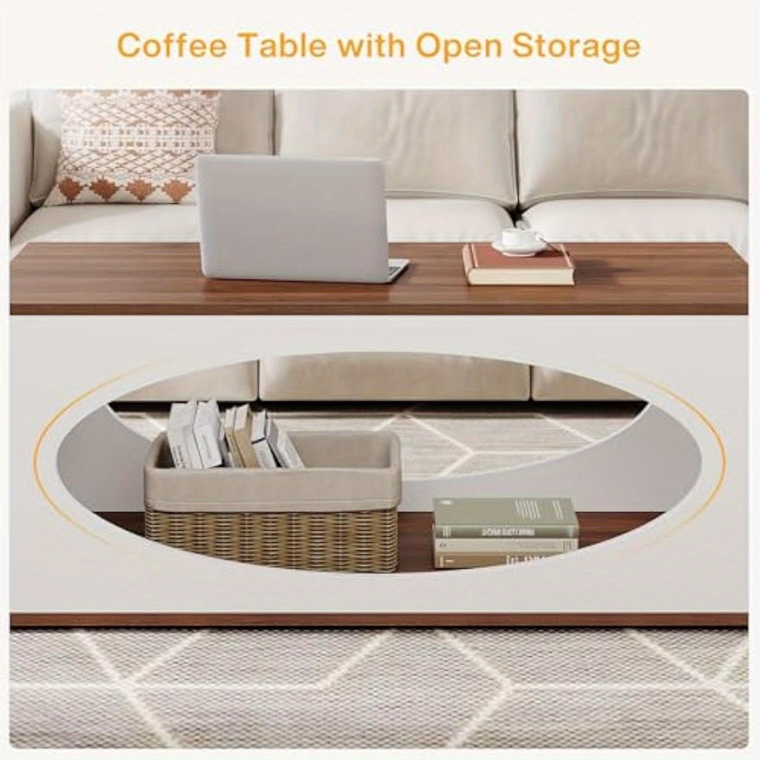 122cm Wooden Coffee Table with Storage, Farmhouse Rectangle Center Table for Living Room, Tea Table with Open Shelf