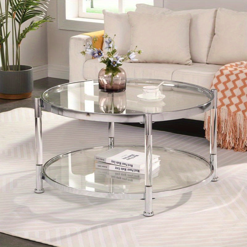 Contemporary Acrylic Coffee Table, Round Tempered Glass Coffee Table, Chrome/Silver  Coffee Table for Living Room