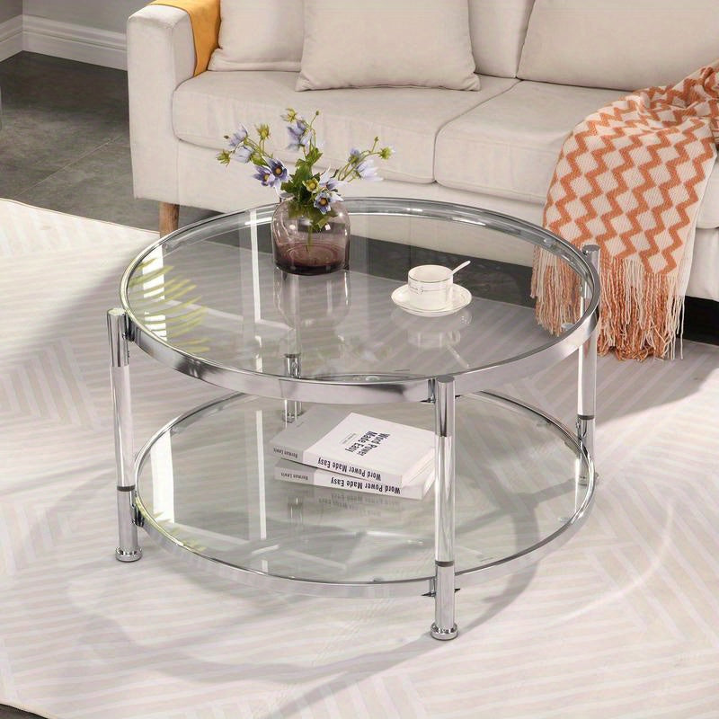 Contemporary Acrylic Coffee Table, Round Tempered Glass Coffee Table, Chrome/Silver  Coffee Table for Living Room