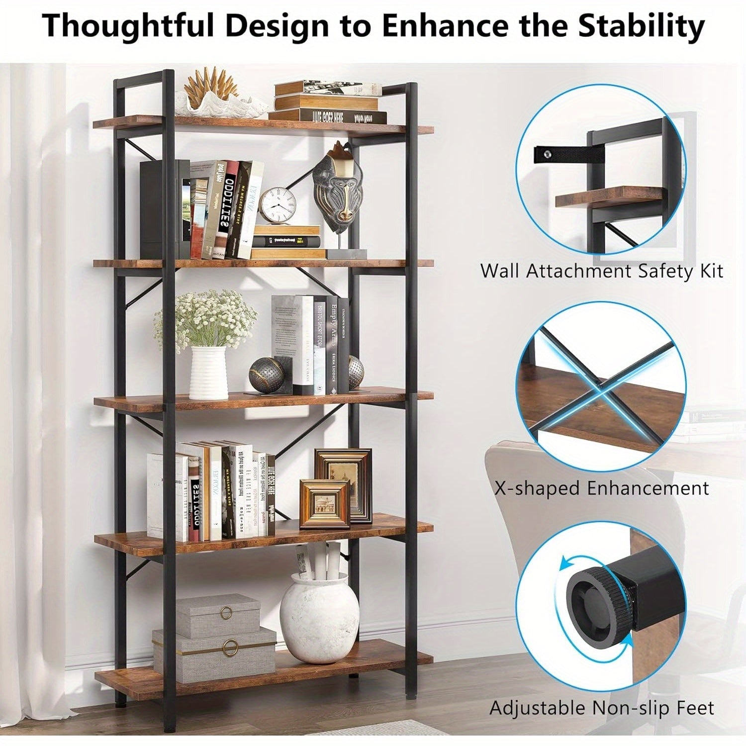 5 Tier Bookshelf, Industrial Etagere Bookcase with Metal Frame, Rustic Tall Book Shelf Unit for Living Room, Study, Home Office (1, Rustic)