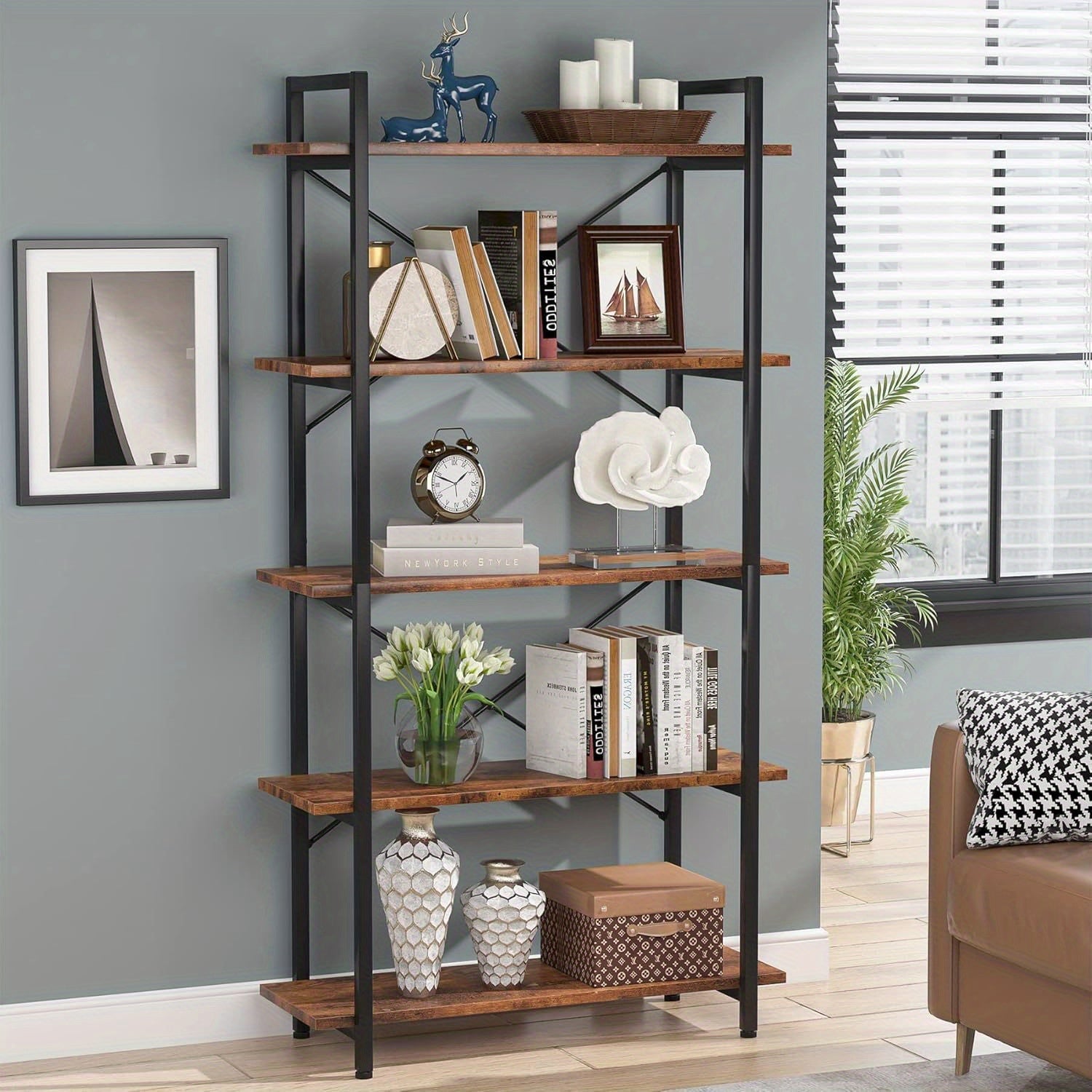 5 Tier Bookshelf, Industrial Etagere Bookcase with Metal Frame, Rustic Tall Book Shelf Unit for Living Room, Study, Home Office (1, Rustic)