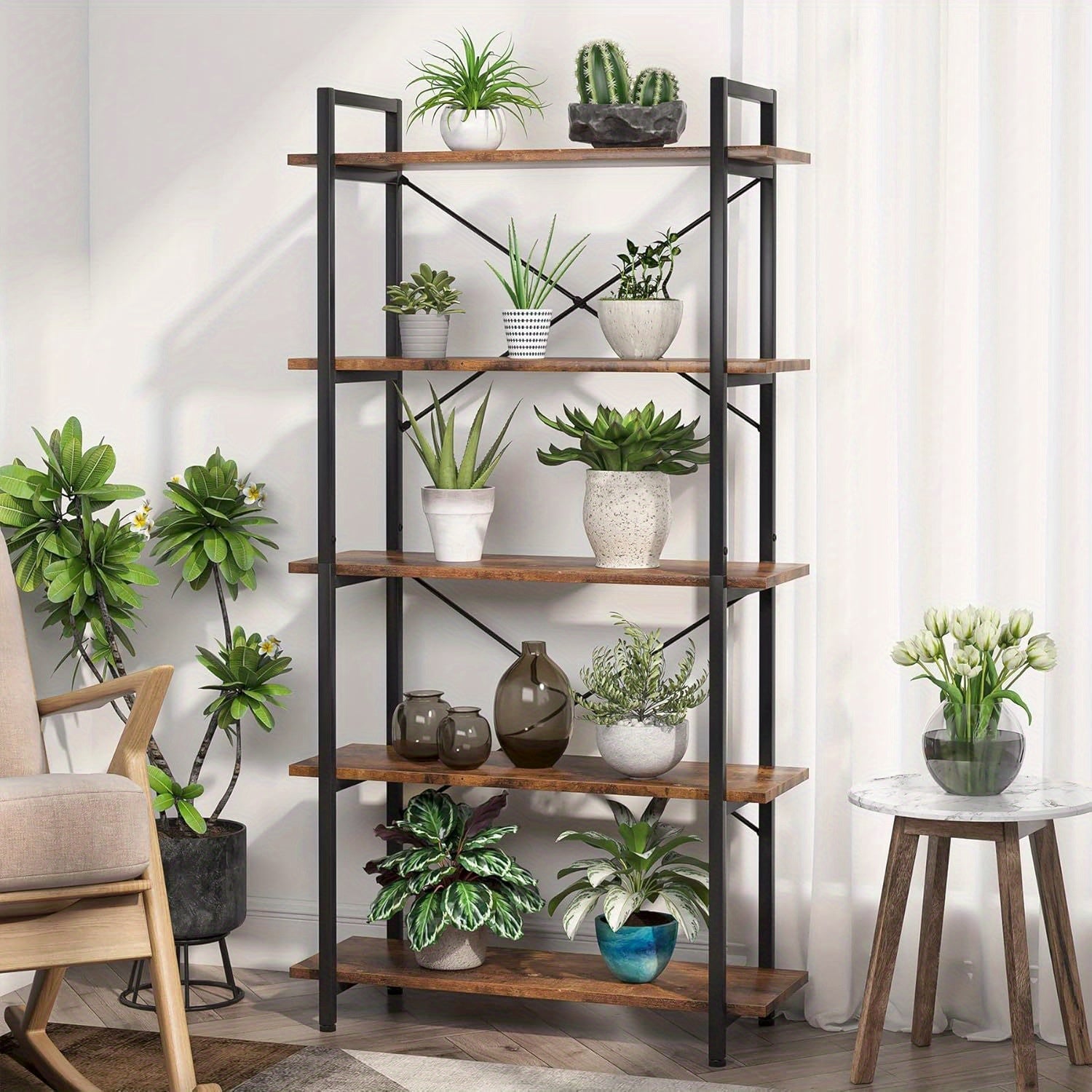 5 Tier Bookshelf, Industrial Etagere Bookcase with Metal Frame, Rustic Tall Book Shelf Unit for Living Room, Study, Home Office (1, Rustic)