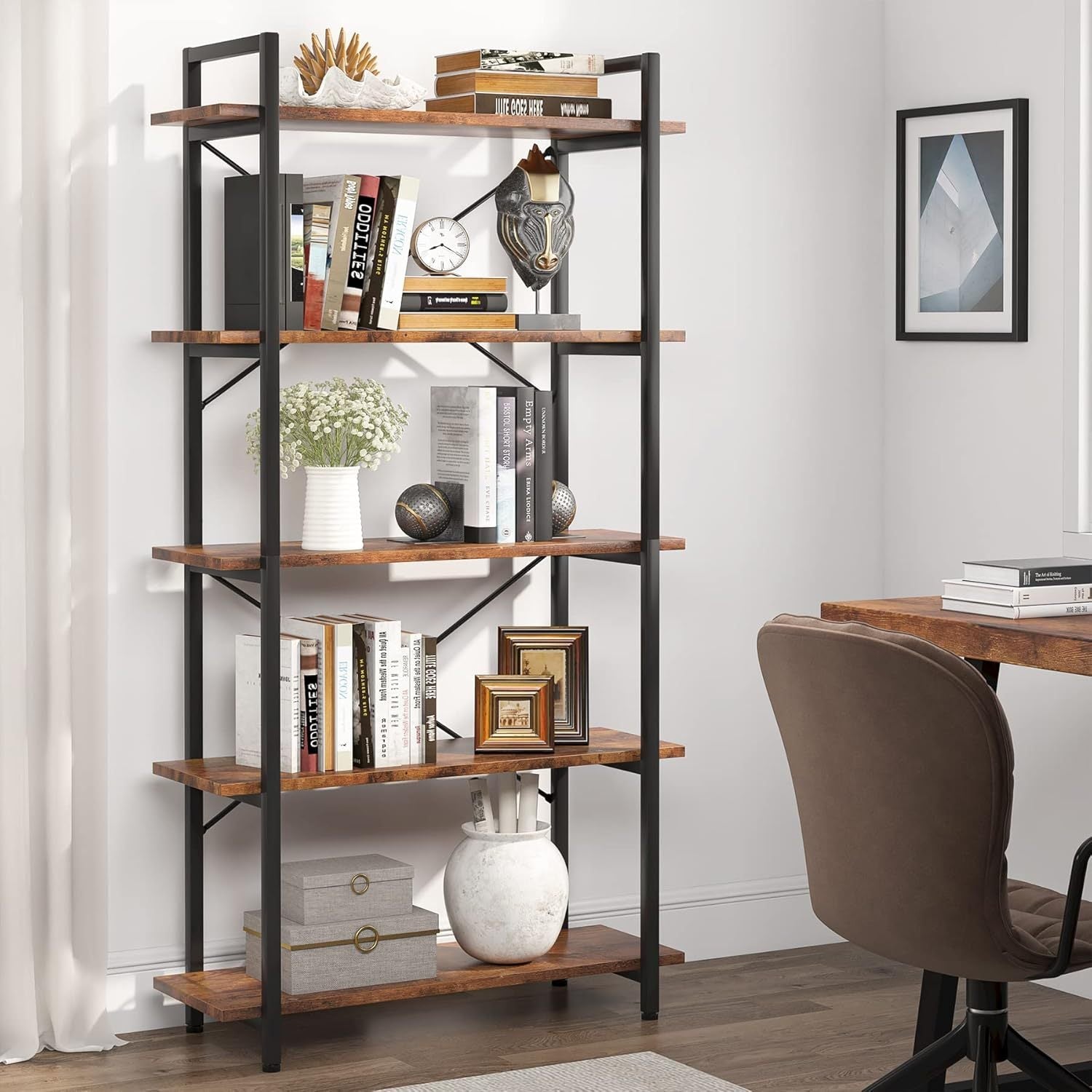 5 Tier Bookshelf, Industrial Etagere Bookcase with Metal Frame, Rustic Tall Book Shelf Unit for Living Room, Study, Home Office (1, Rustic)