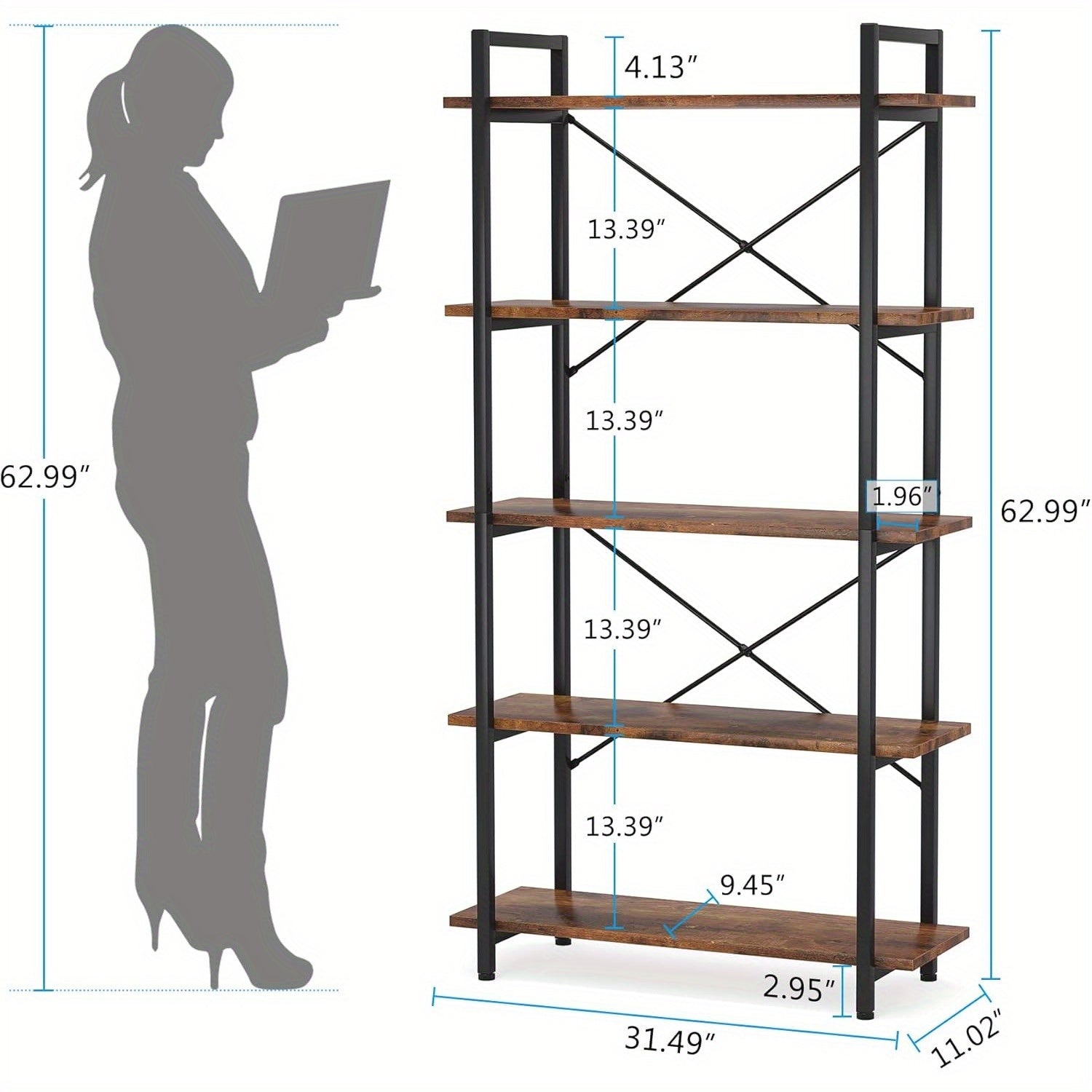 5 Tier Bookshelf, Industrial Etagere Bookcase with Metal Frame, Rustic Tall Book Shelf Unit for Living Room, Study, Home Office (1, Rustic)