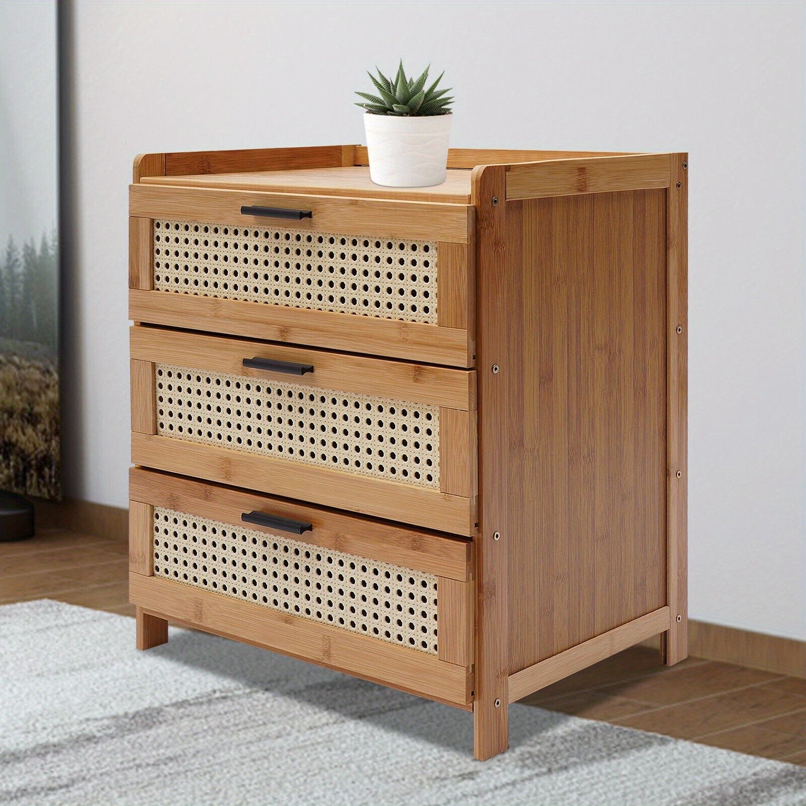 3 Drawer Rattan Nightstand End Table, Sturdy&Durable Natural Solid Bamboo Nightstand Bedside Table Boho Side Table with Storage for Bedroom, Living Room, Natural