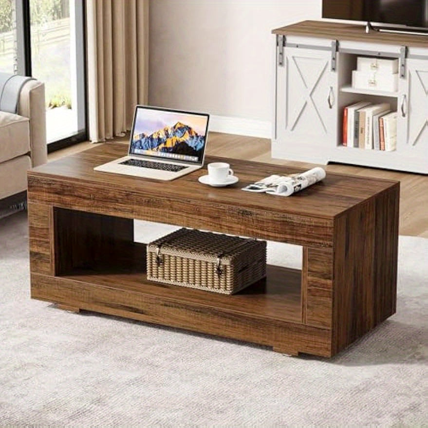 110cm Modern Farmhouse Coffee Table with Storage, Coffee Table for Living Room, 2-Tier Wood Rectangular Center Table Cocktail Living Room Table with Sturdy Base, Rustic Brown