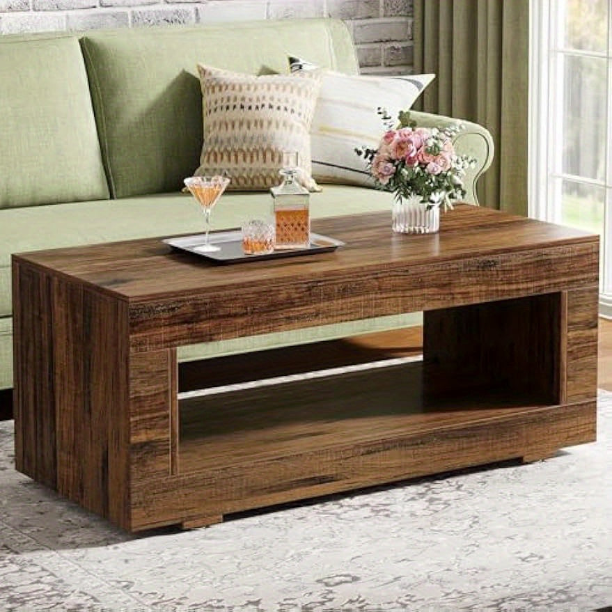 110cm Modern Farmhouse Coffee Table with Storage, Coffee Table for Living Room, 2-Tier Wood Rectangular Center Table Cocktail Living Room Table with Sturdy Base, Rustic Brown