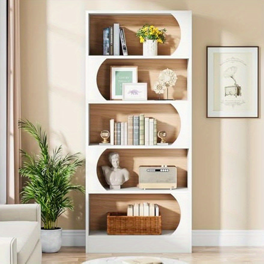 5-Tier Book Shelf, Modern 180cm Bookcase, Tall Freestanding Bookshelf with Storage Shelves, Large Open Bookcases Wood Display Shelving Unit for Bedroom Living Room Office (White and Walnut), for Store Display