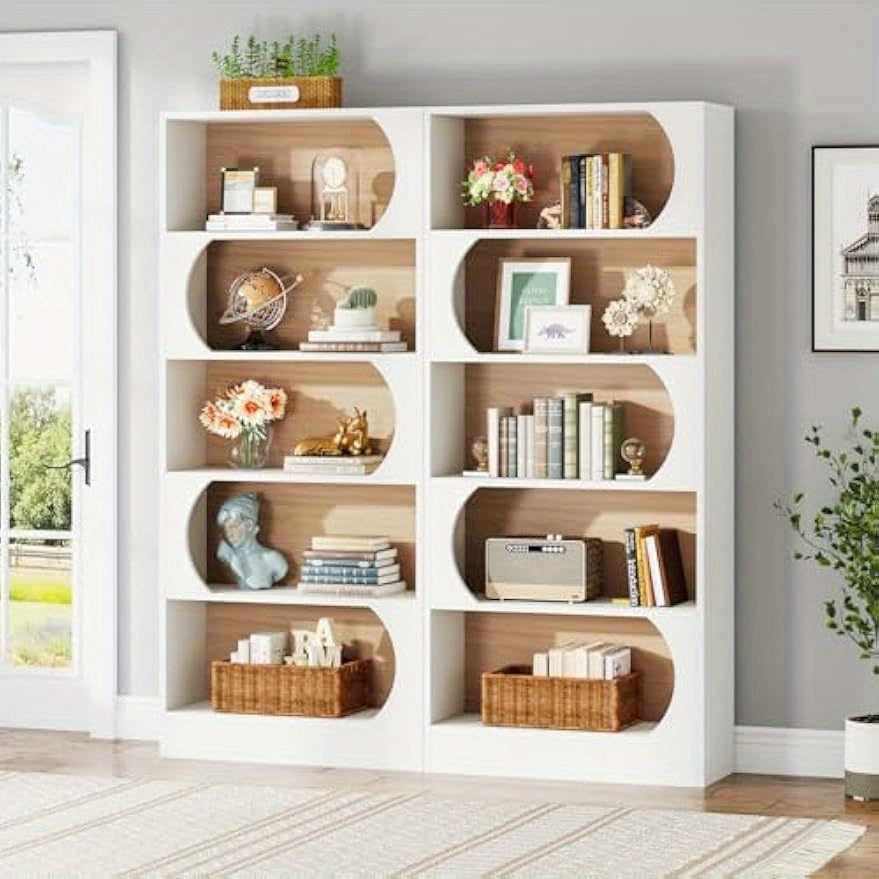 5-Tier Book Shelf, Modern 180cm Bookcase, Tall Freestanding Bookshelf with Storage Shelves, Large Open Bookcases Wood Display Shelving Unit for Bedroom Living Room Office (White and Walnut), for Store Display