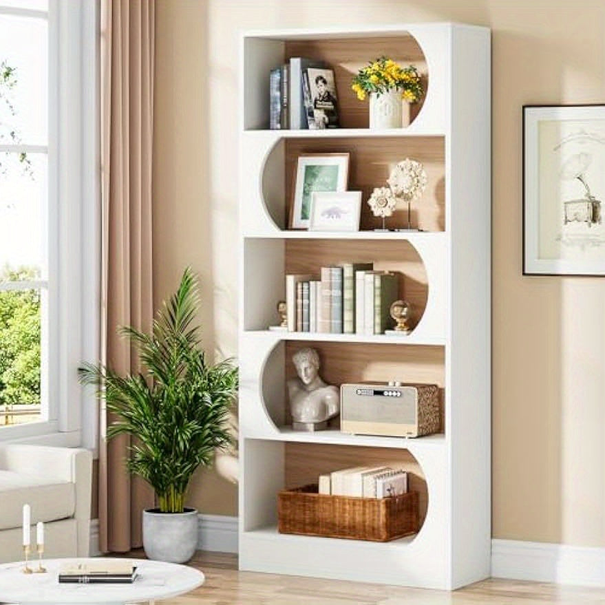 5-Tier Book Shelf, Modern 180cm Bookcase, Tall Freestanding Bookshelf with Storage Shelves, Large Open Bookcases Wood Display Shelving Unit for Bedroom Living Room Office (White and Walnut), for Store Display