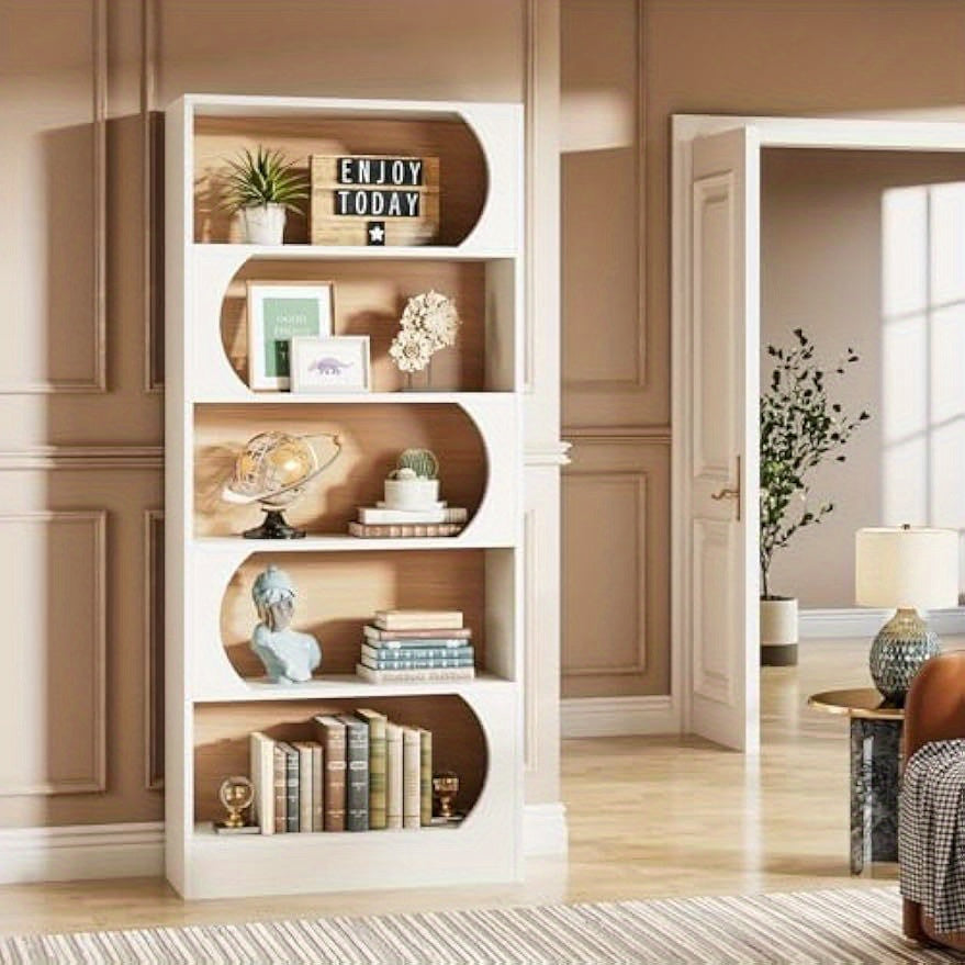 5-Tier Book Shelf, Modern 180cm Bookcase, Tall Freestanding Bookshelf with Storage Shelves, Large Open Bookcases Wood Display Shelving Unit for Bedroom Living Room Office (White and Walnut), for Store Display