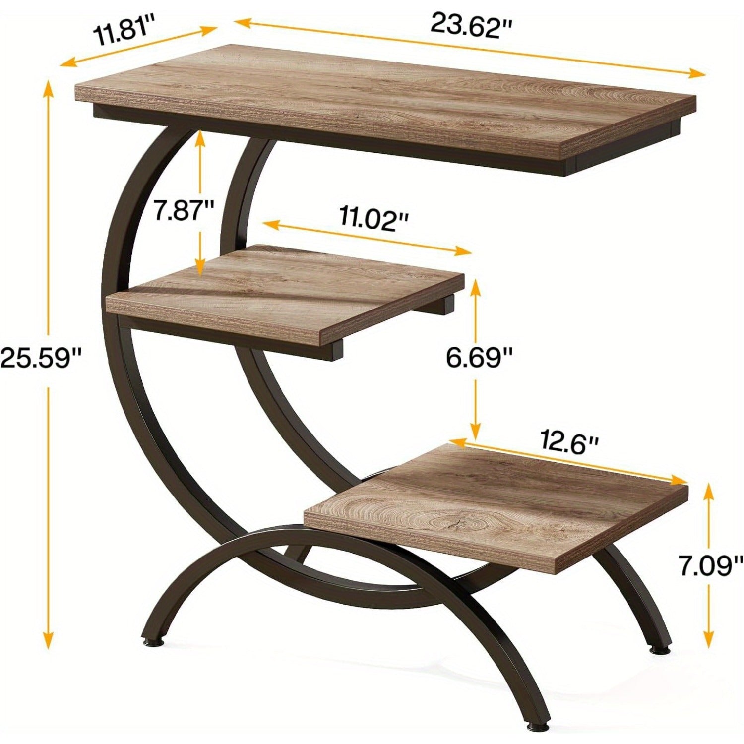 C-Shaped End Table, Industrial 3-Tier Small Side Table for Couch, Wood Bedside Table Snack Side Table with Storage Shelves for Living Room Small Space, Dark Brown