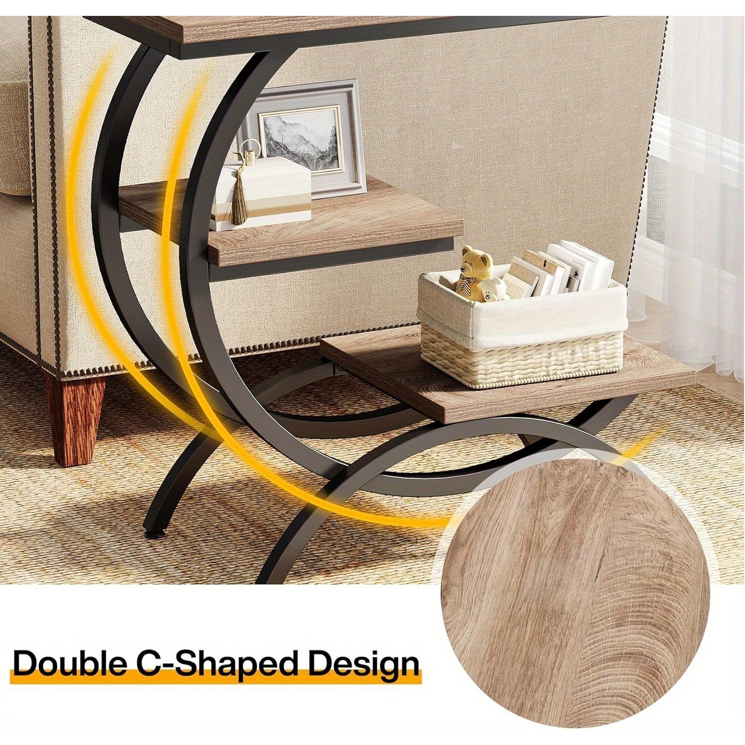 C-Shaped End Table, Industrial 3-Tier Small Side Table for Couch, Wood Bedside Table Snack Side Table with Storage Shelves for Living Room Small Space, Dark Brown