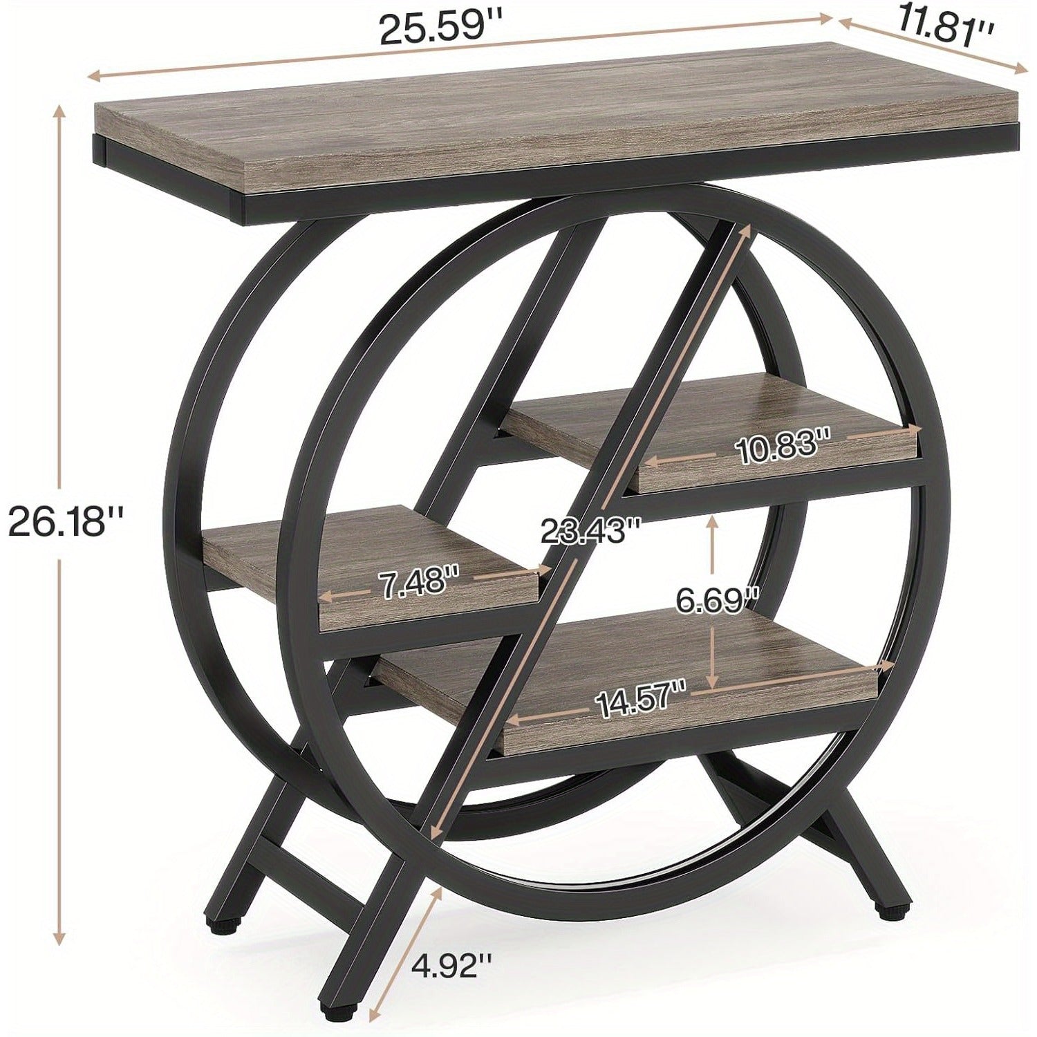 3-Tier Narrow Side Table with Storage, End Table for Living Room, Wood Sofa Side Table with Geometric Metal Frame, Industrial Nightstand and Bedside Table for Bedroom, Grey