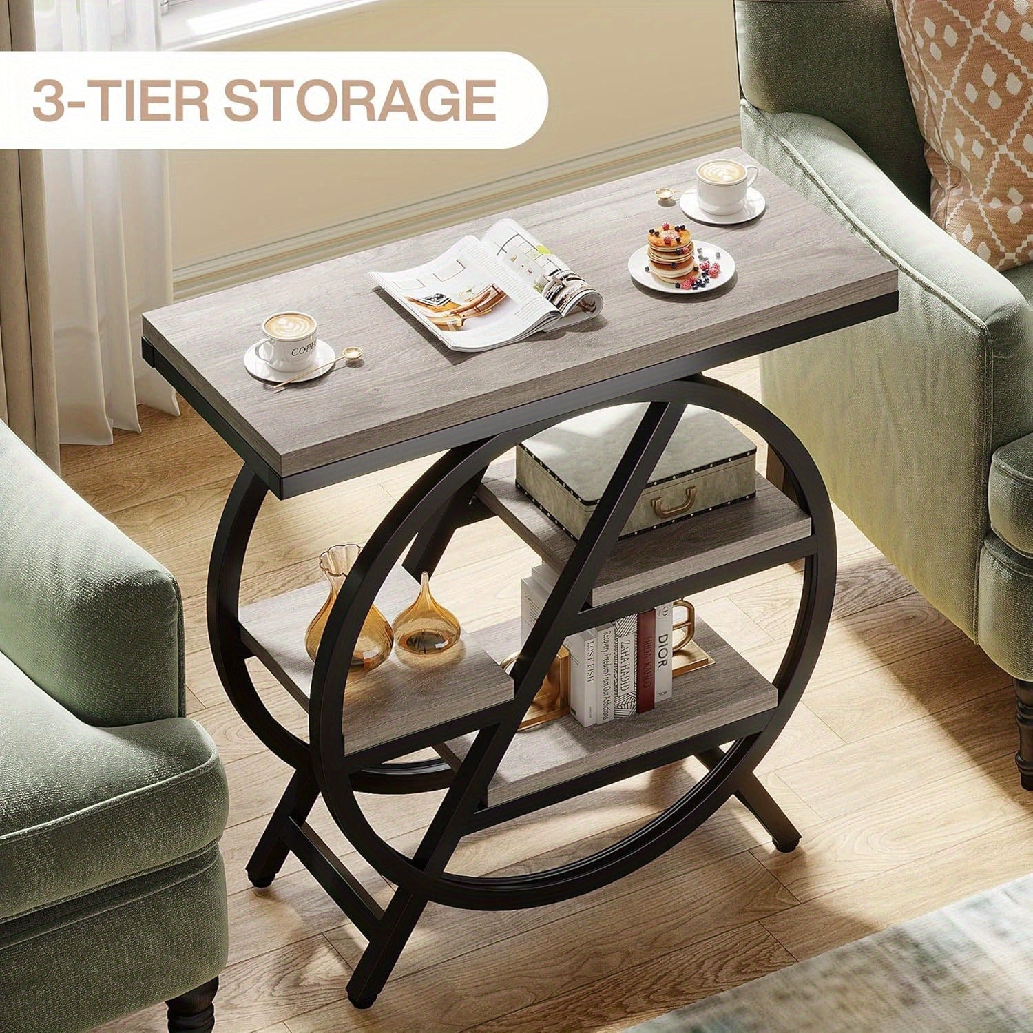 3-Tier Narrow Side Table with Storage, End Table for Living Room, Wood Sofa Side Table with Geometric Metal Frame, Industrial Nightstand and Bedside Table for Bedroom, Grey