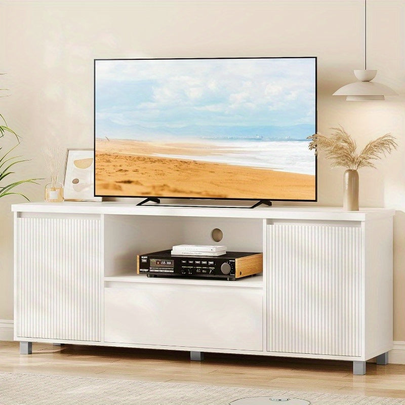 Fluted TV Stand for 65 Inch TV, Entertainment Center with Storage Drawer and Open Shelf, Modern TV Media Console Cabinet Furniture for Living Room, Bedroom, White