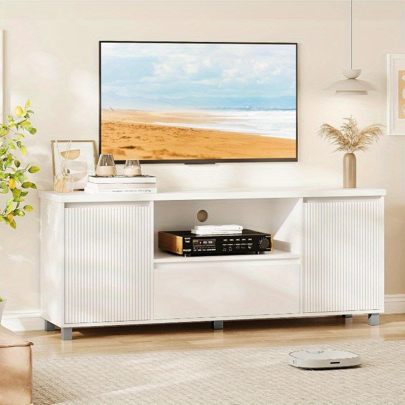 Fluted TV Stand for 65 Inch TV, Entertainment Center with Storage Drawer and Open Shelf, Modern TV Media Console Cabinet Furniture for Living Room, Bedroom, White