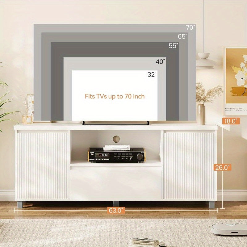 Fluted TV Stand for 65 Inch TV, Entertainment Center with Storage Drawer and Open Shelf, Modern TV Media Console Cabinet Furniture for Living Room, Bedroom, White