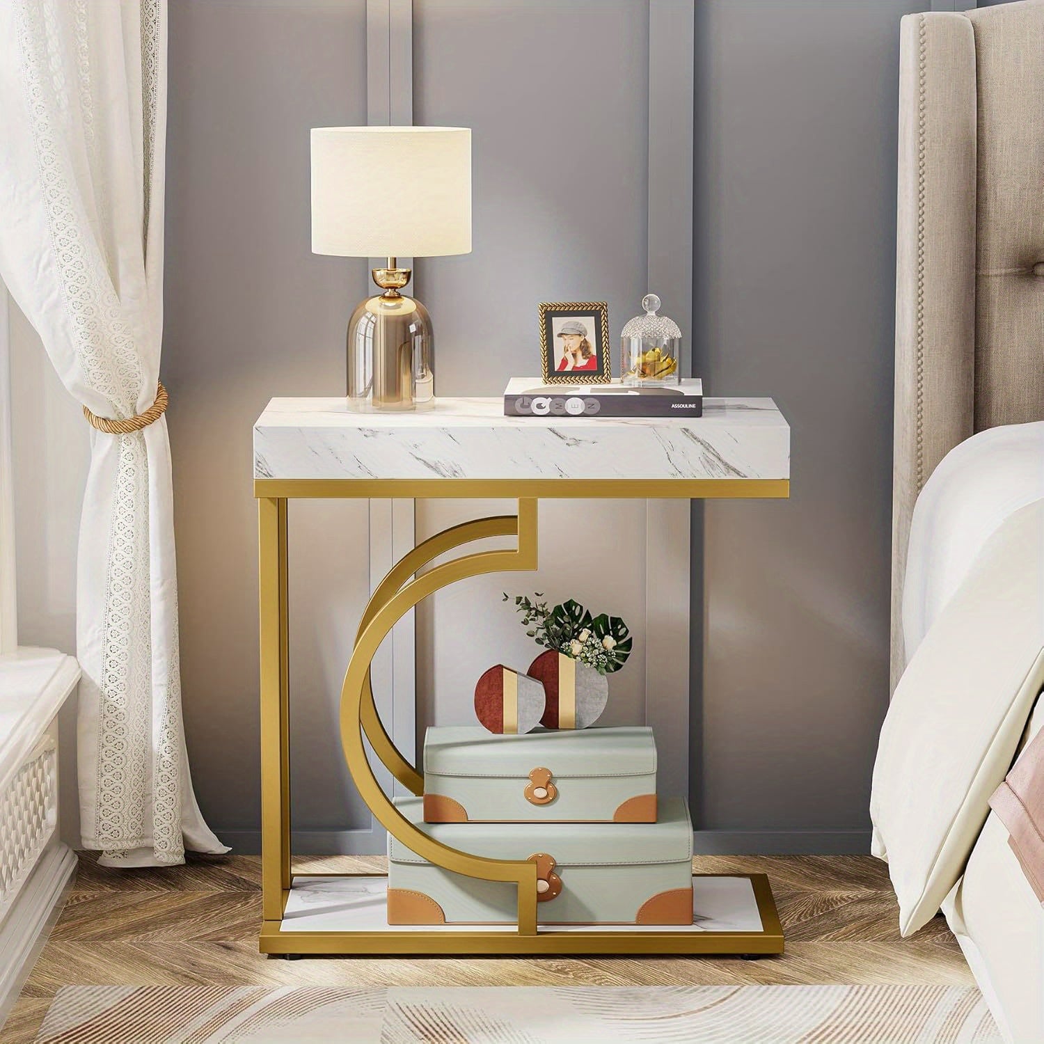 Narrow Side Table White Gold Side Table C Shaped End Table Modern Bedside Table Small Side Table for Couch, Sofa Table with Metal Frame for Living Room (1)