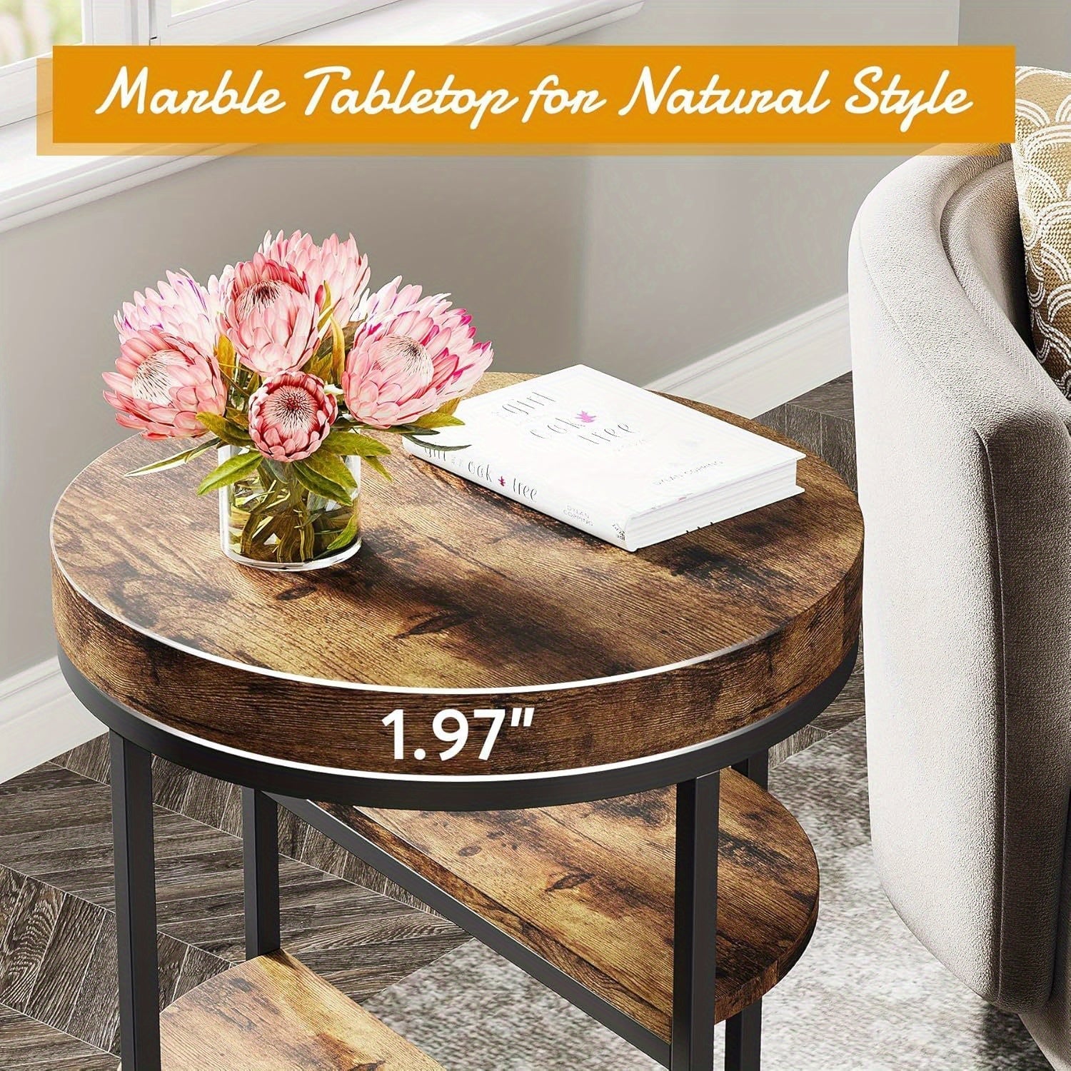 Wood Side Table for Small Spaces, Round End Table with 3 Storage Shelves, Industrial Sofa Side Table for Living Room, Rustic Brown Nightstand and Bedside Table for Bedroom