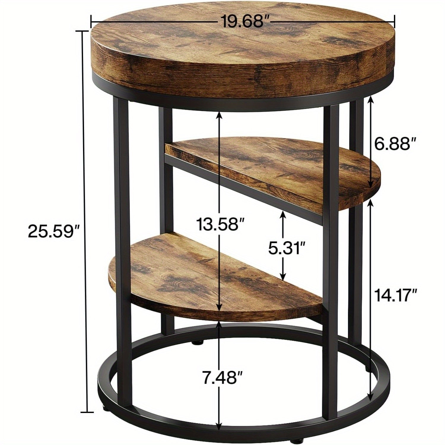 Wood Side Table for Small Spaces, Round End Table with 3 Storage Shelves, Industrial Sofa Side Table for Living Room, Rustic Brown Nightstand and Bedside Table for Bedroom