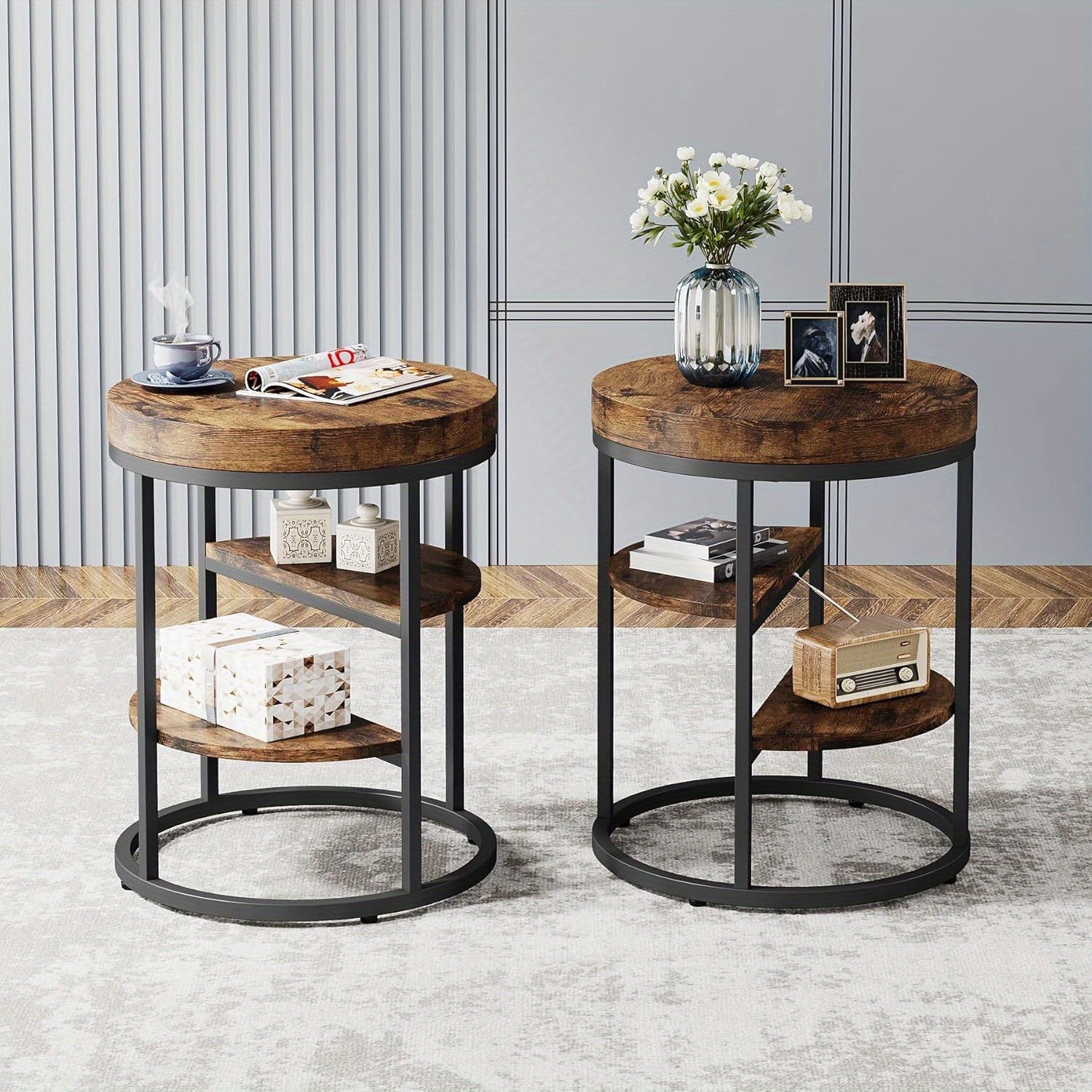 Wood Side Table for Small Spaces, Round End Table with 3 Storage Shelves, Industrial Sofa Side Table for Living Room, Rustic Brown Nightstand and Bedside Table for Bedroom