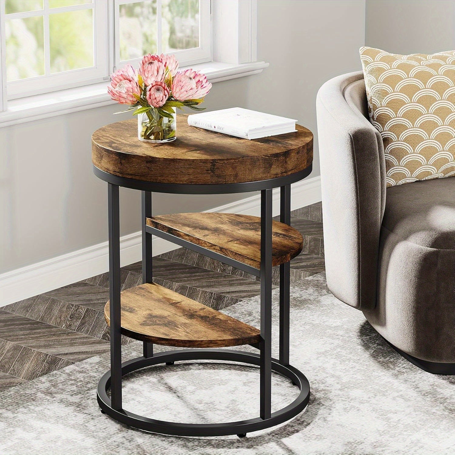 Wood Side Table for Small Spaces, Round End Table with 3 Storage Shelves, Industrial Sofa Side Table for Living Room, Rustic Brown Nightstand and Bedside Table for Bedroom