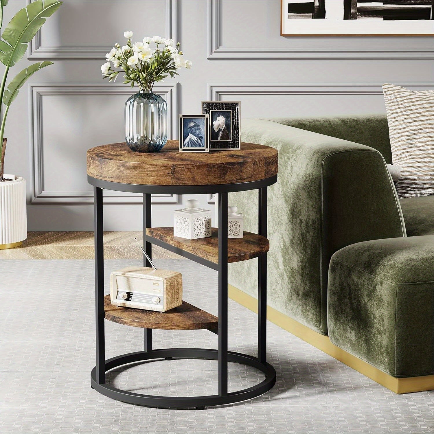 Wood Side Table for Small Spaces, Round End Table with 3 Storage Shelves, Industrial Sofa Side Table for Living Room, Rustic Brown Nightstand and Bedside Table for Bedroom