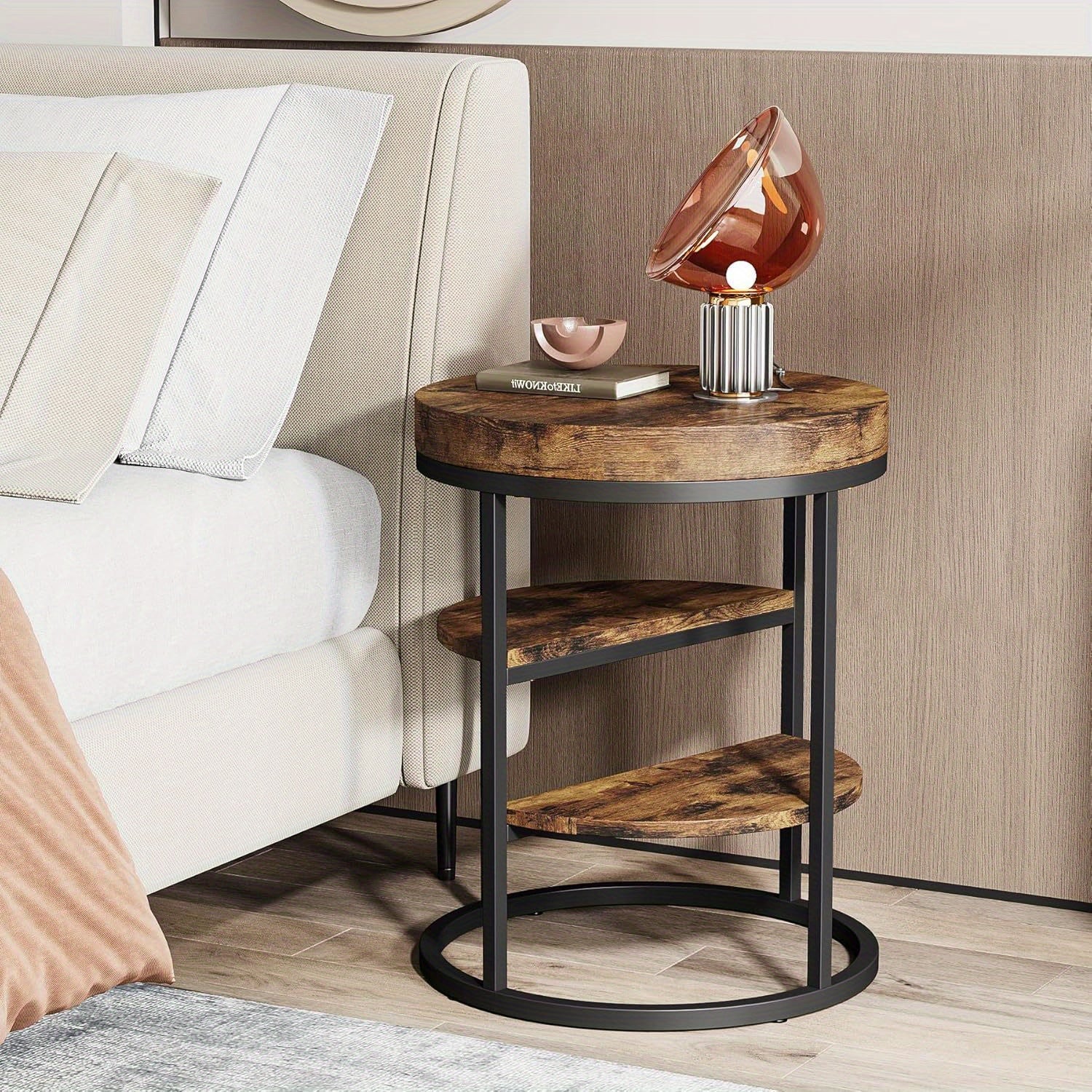 Wood Side Table for Small Spaces, Round End Table with 3 Storage Shelves, Industrial Sofa Side Table for Living Room, Rustic Brown Nightstand and Bedside Table for Bedroom