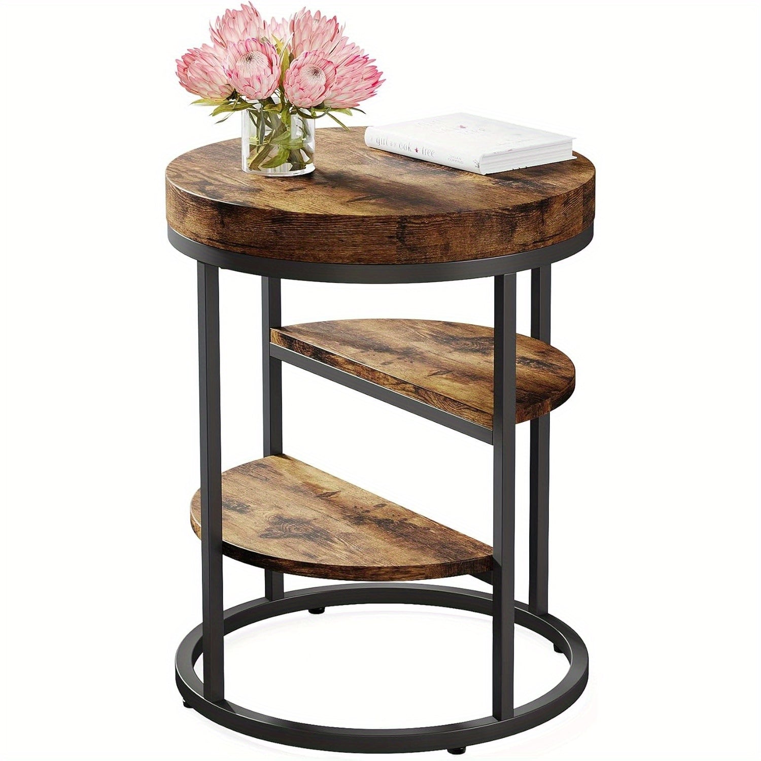 Wood Side Table for Small Spaces, Round End Table with 3 Storage Shelves, Industrial Sofa Side Table for Living Room, Rustic Brown Nightstand and Bedside Table for Bedroom